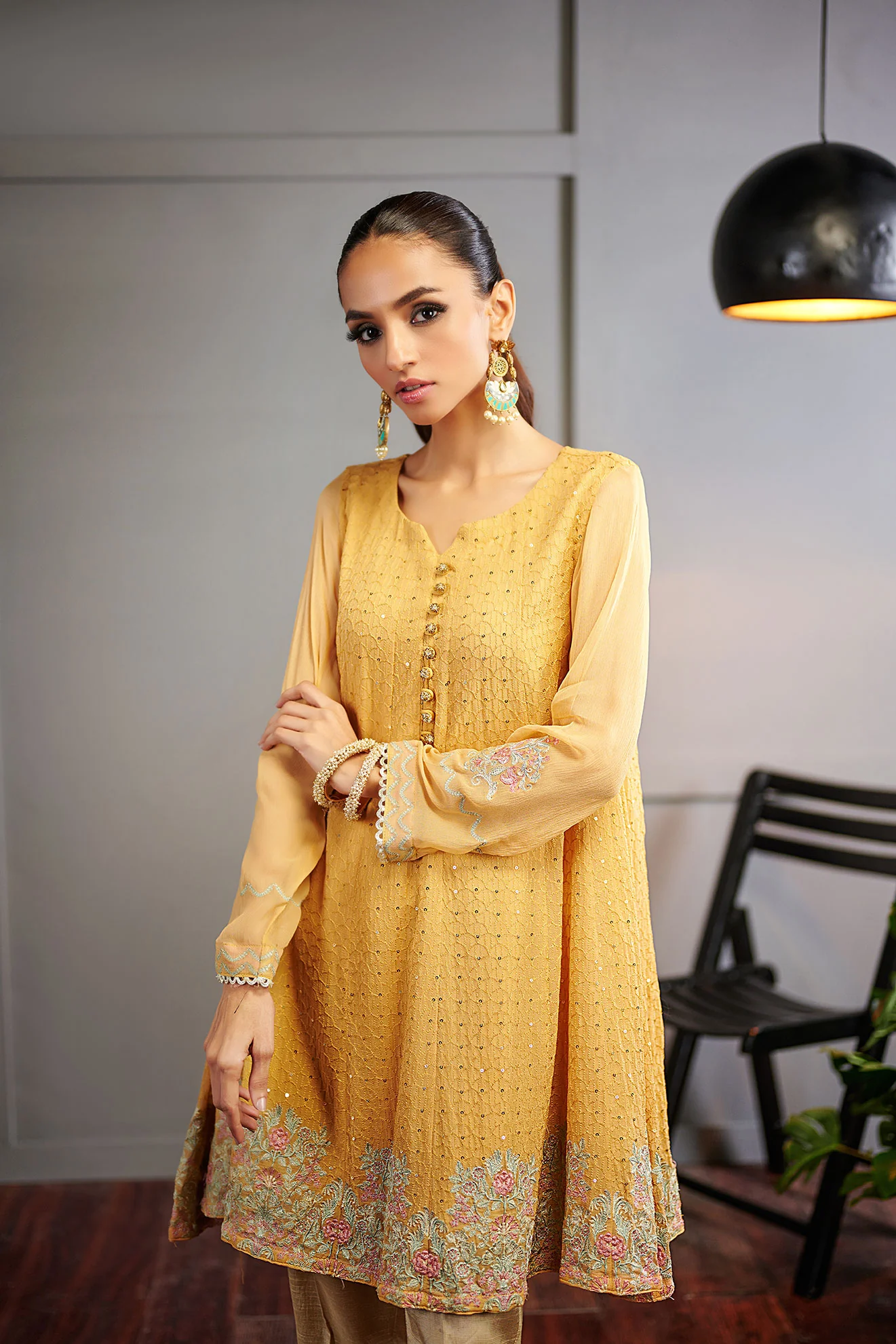 DA-1500 YELLOW EMBROIDERED KURTA - Image 2