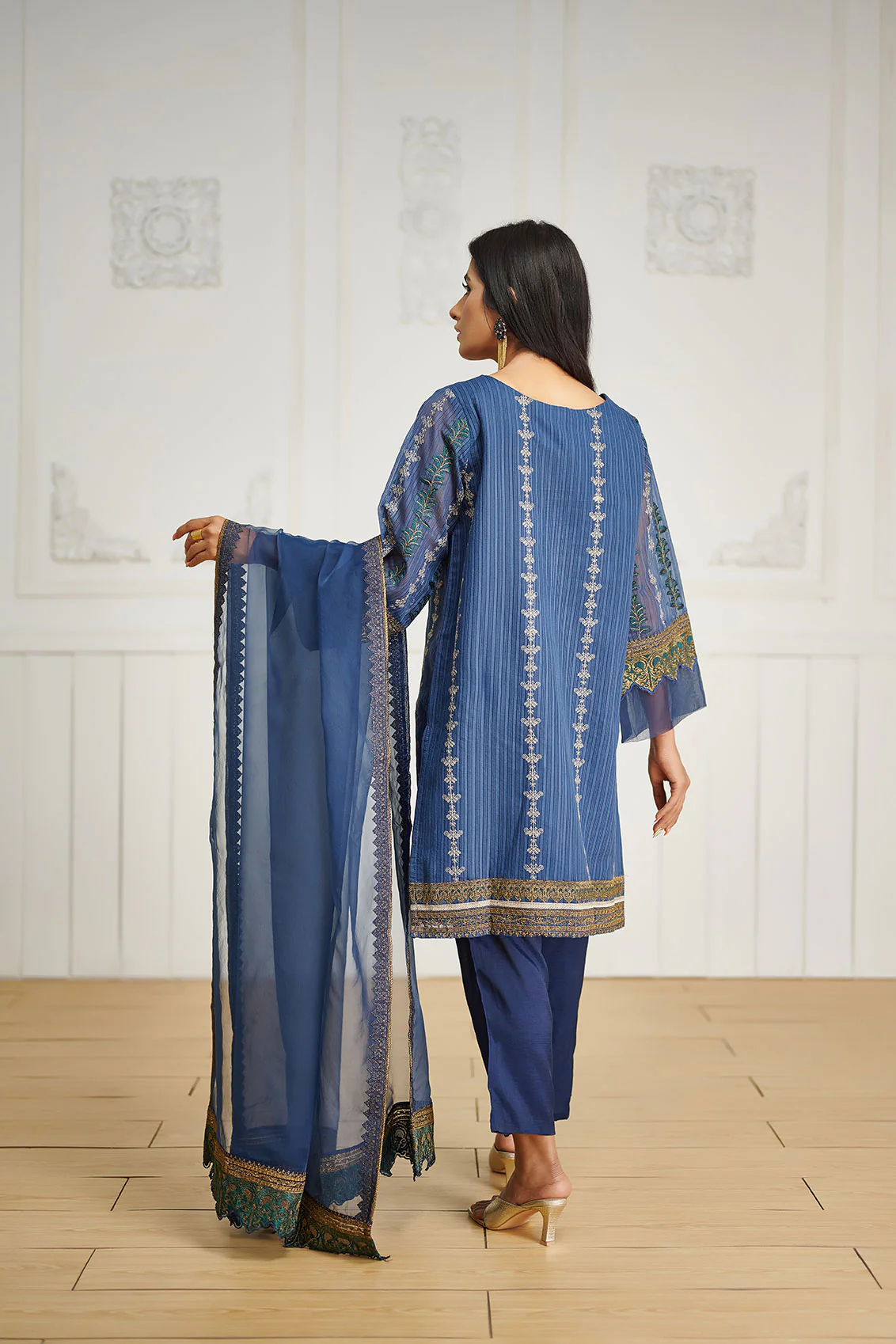 DA-2032 BLUE EMBROIDERED KURTA WITH DUPATTA - Image 3