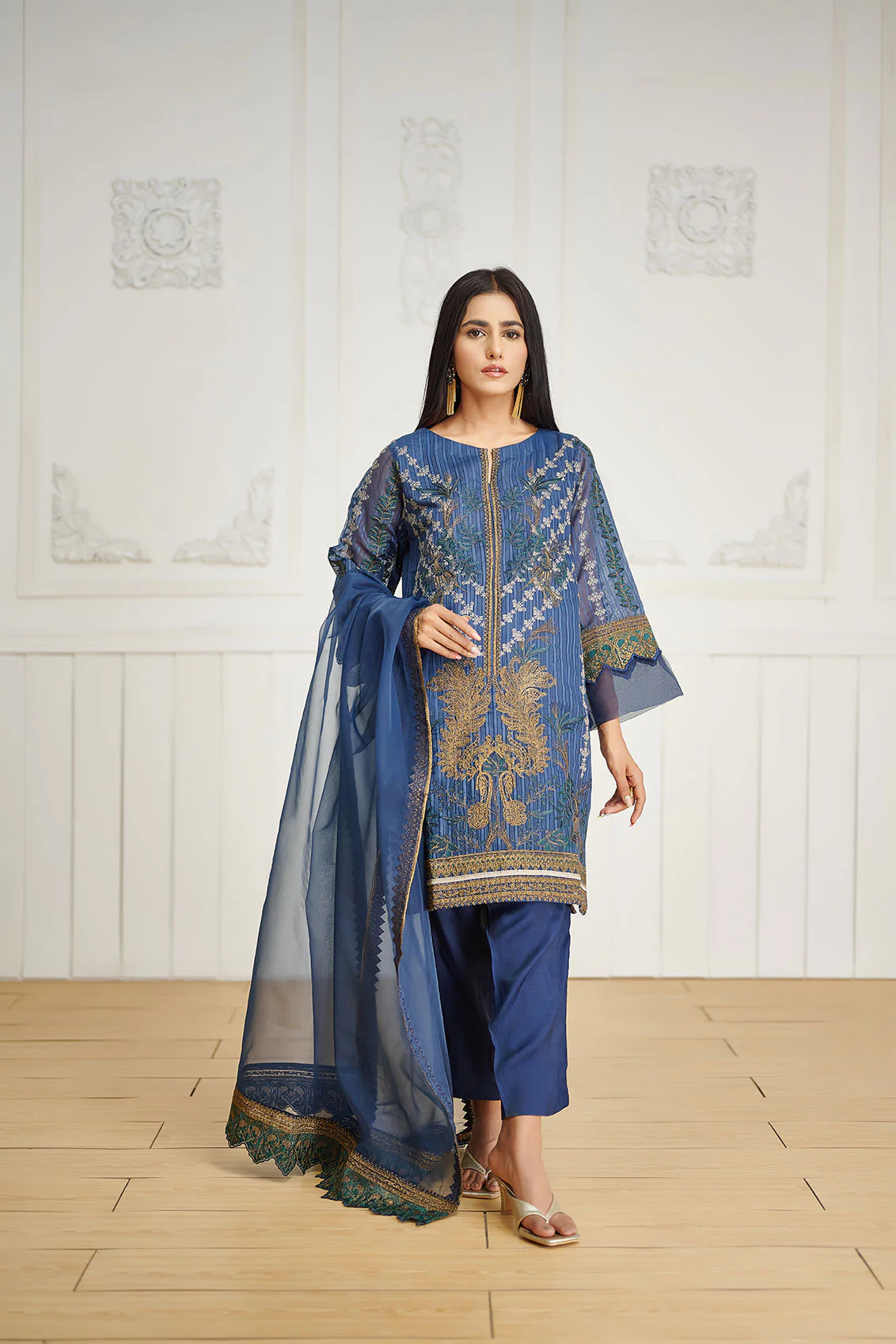 DA-2032 BLUE EMBROIDERED KURTA WITH DUPATTA - Image 4