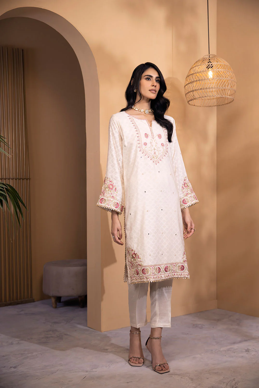 DA-2080 OFF WHITE 2PCS  EMBROIDERED KURTA WITH DUPATTA - Image 2