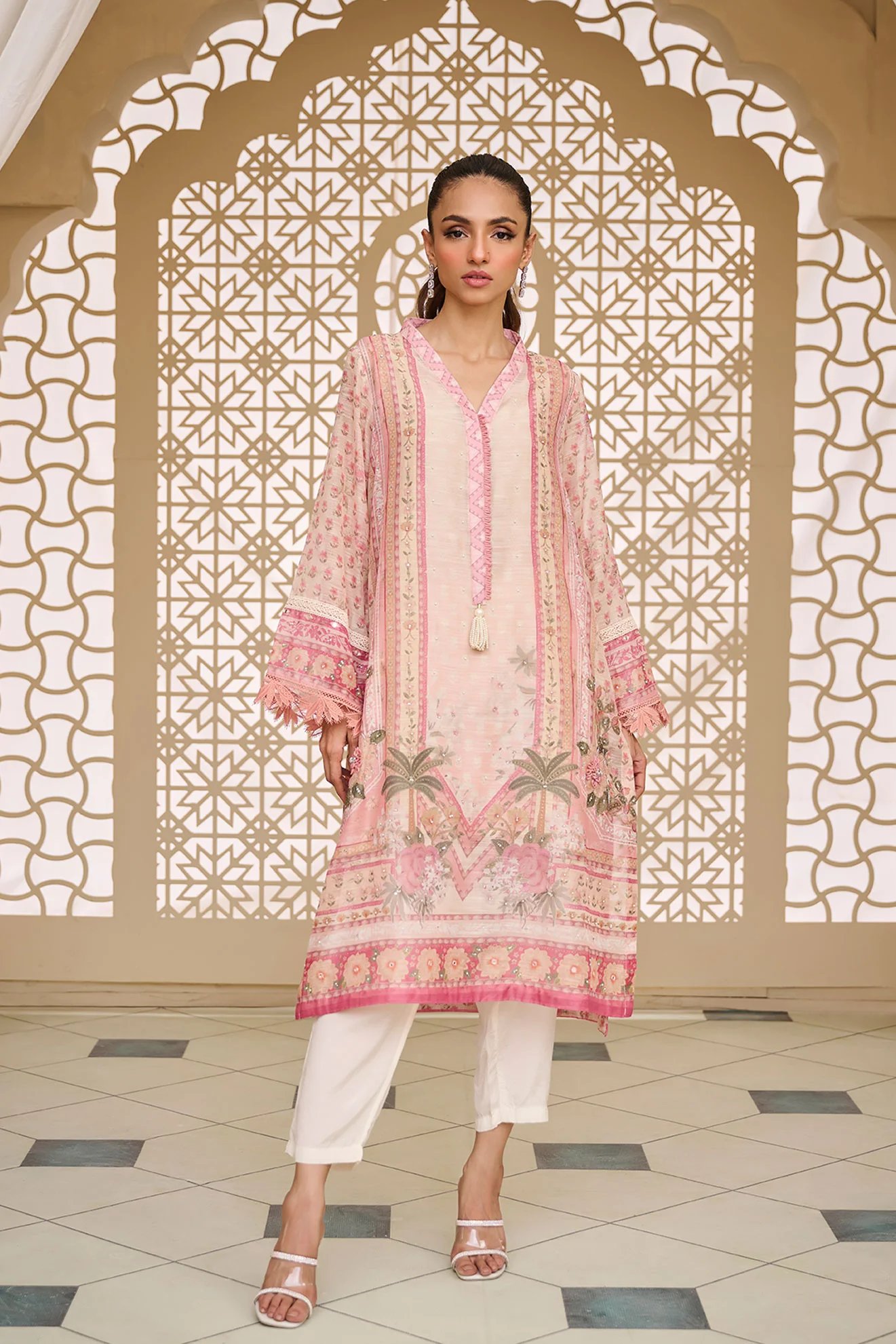 DA-2122 PEACH 2PCS  EMBROIDERED KURTA WITH TROUSER