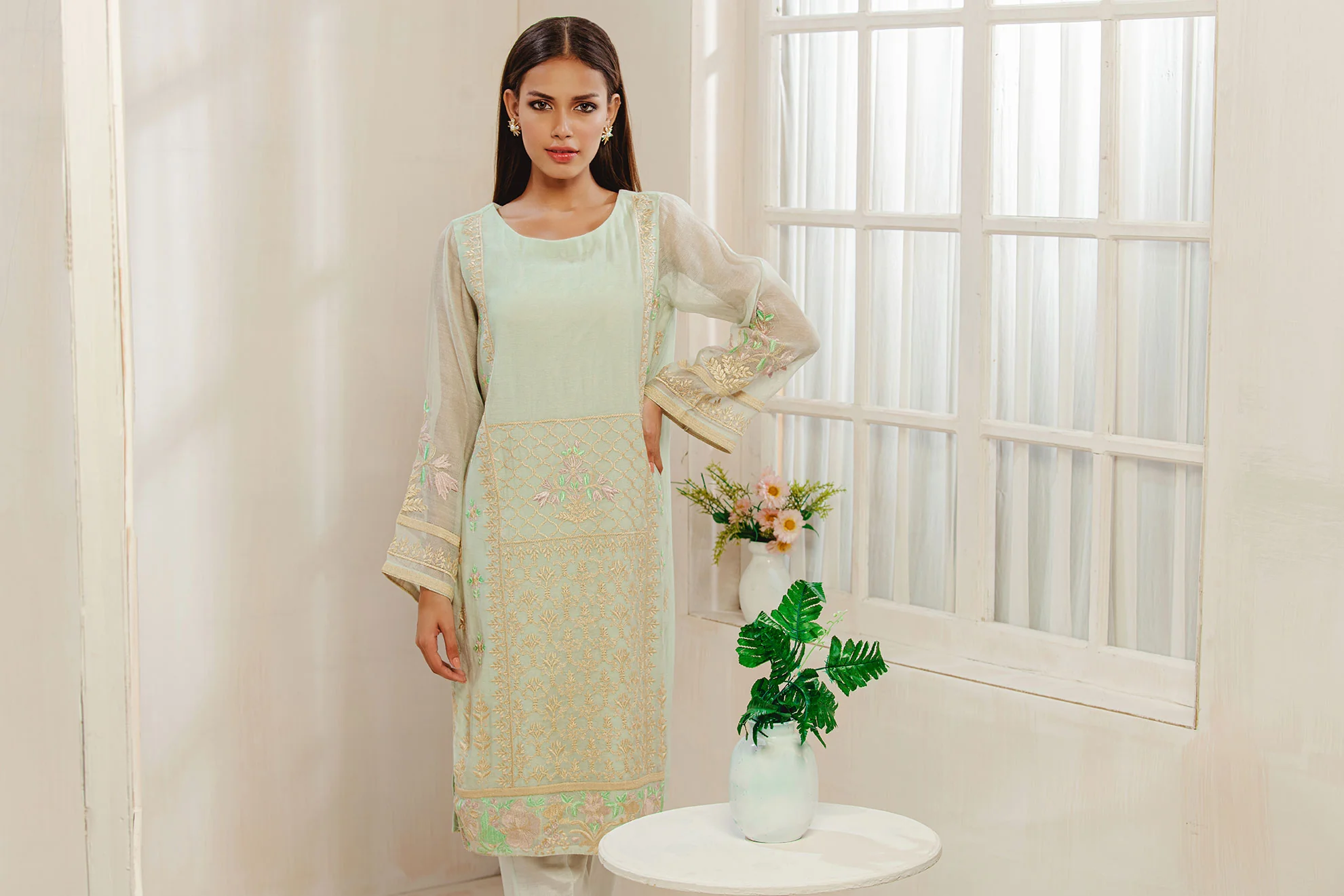 DA-1217 L-GREEN EMBROIDERED KURTA - Image 4