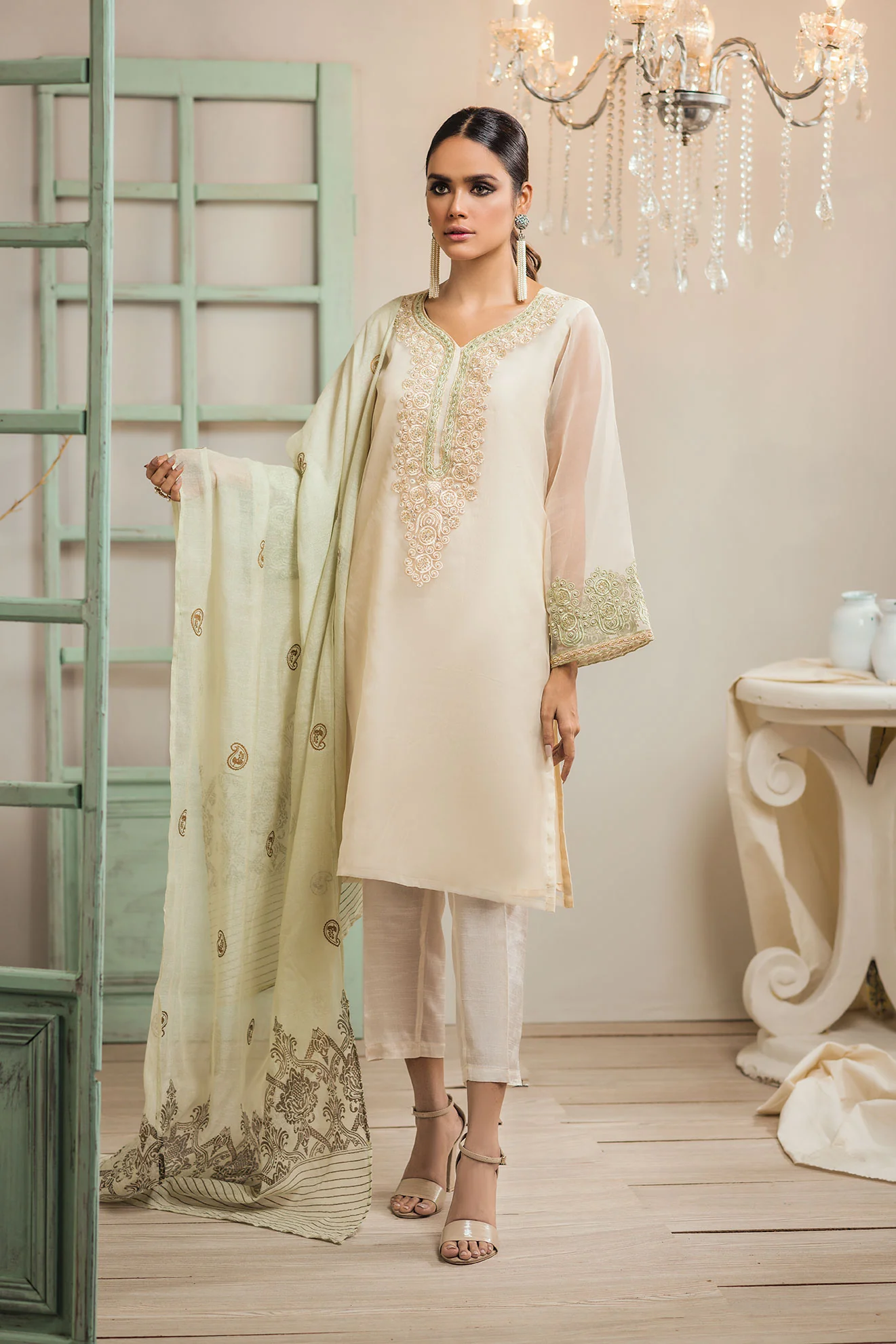 DA-1254 BEIGE EMBROIDERED KURTA WITH DUPATTA - Image 3