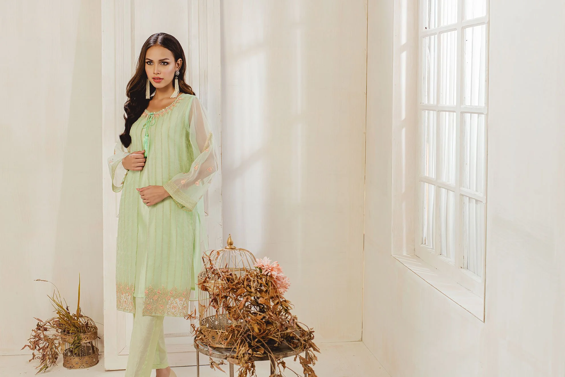DA-1308 Ice-Green EMBROIDERED KURTA - Image 3
