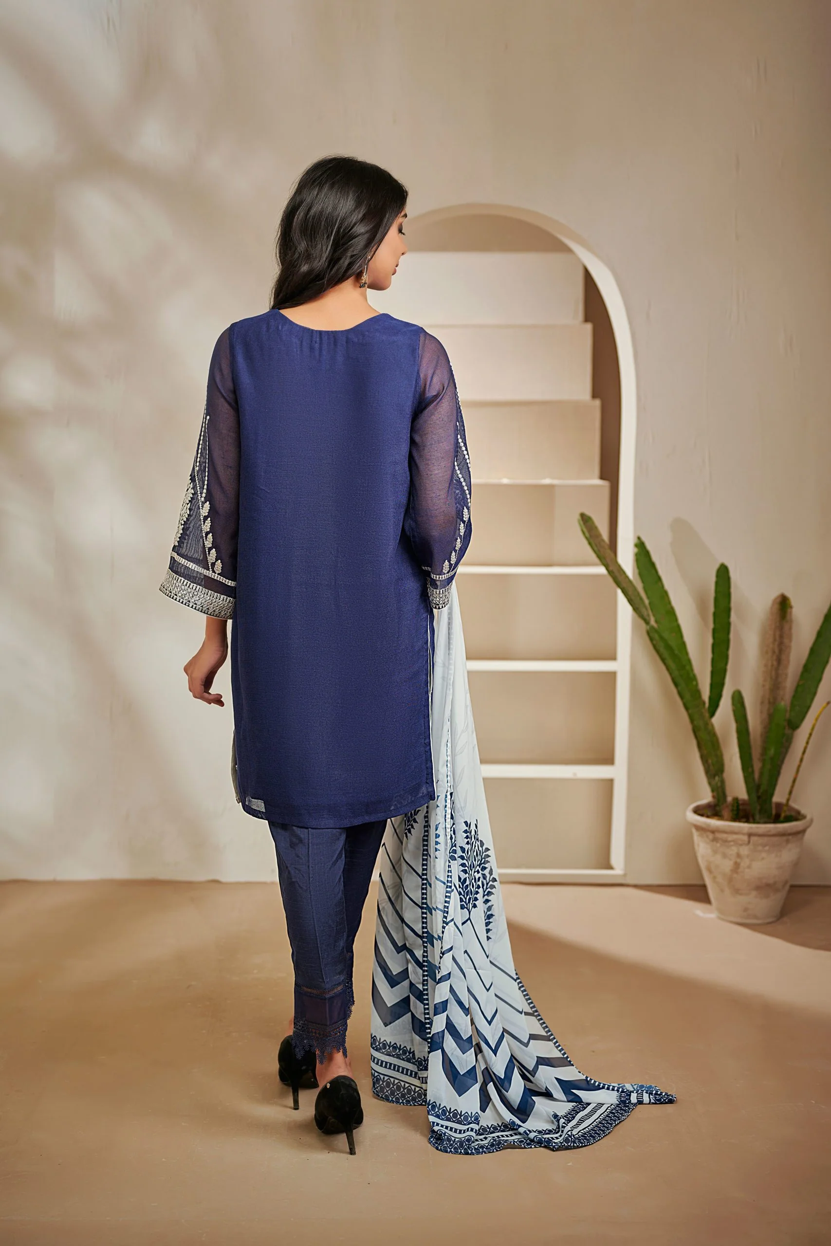 DA-1371 Blue EMBROIDERED KURTA WITH DUPATTA - Image 3