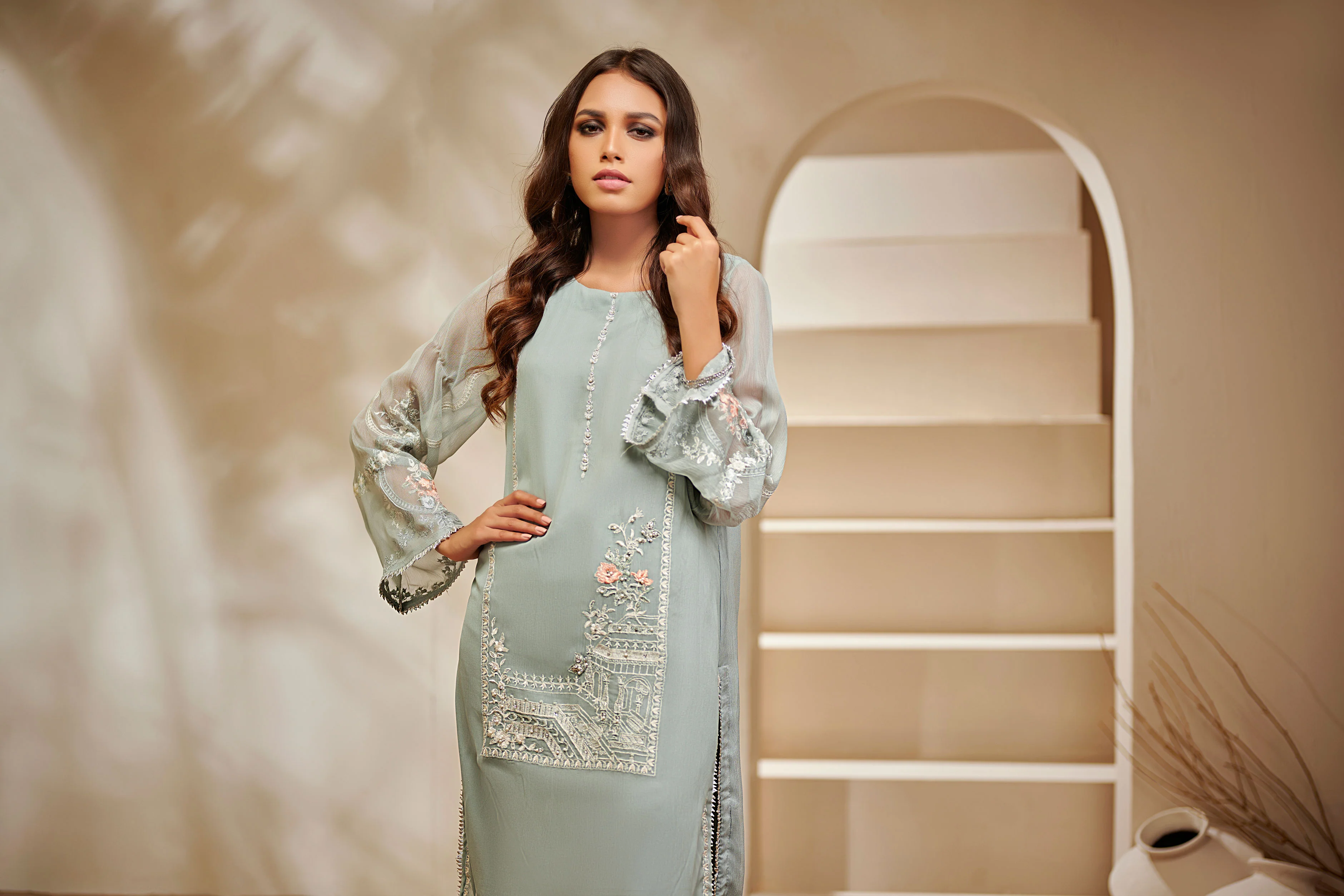 DA-1396 Sky-Blue EMBROIDERED KURTA - Image 3