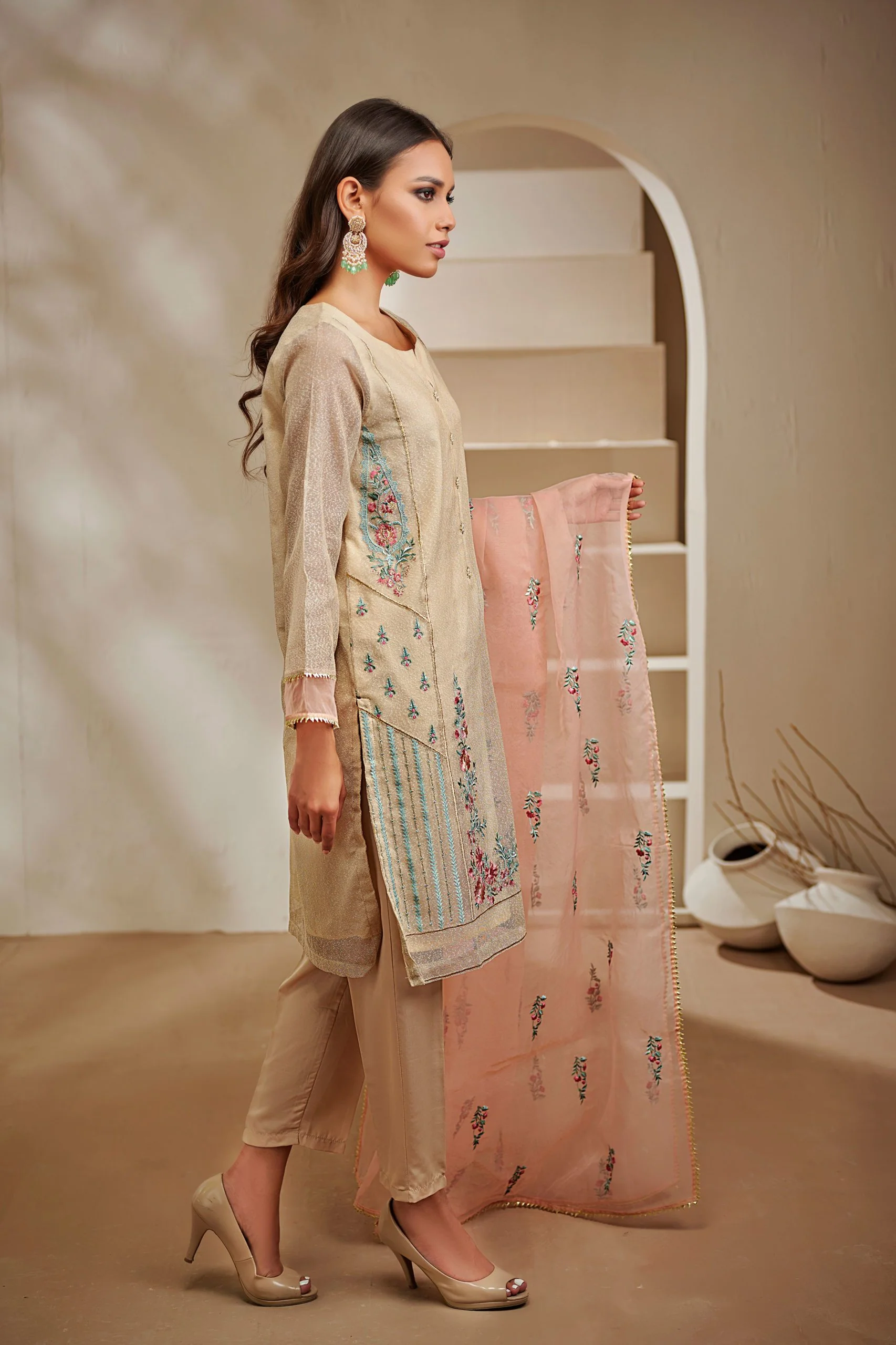 DA-1445 Beige EMBROIDERED KURTA WITH DUPATTA - Image 3