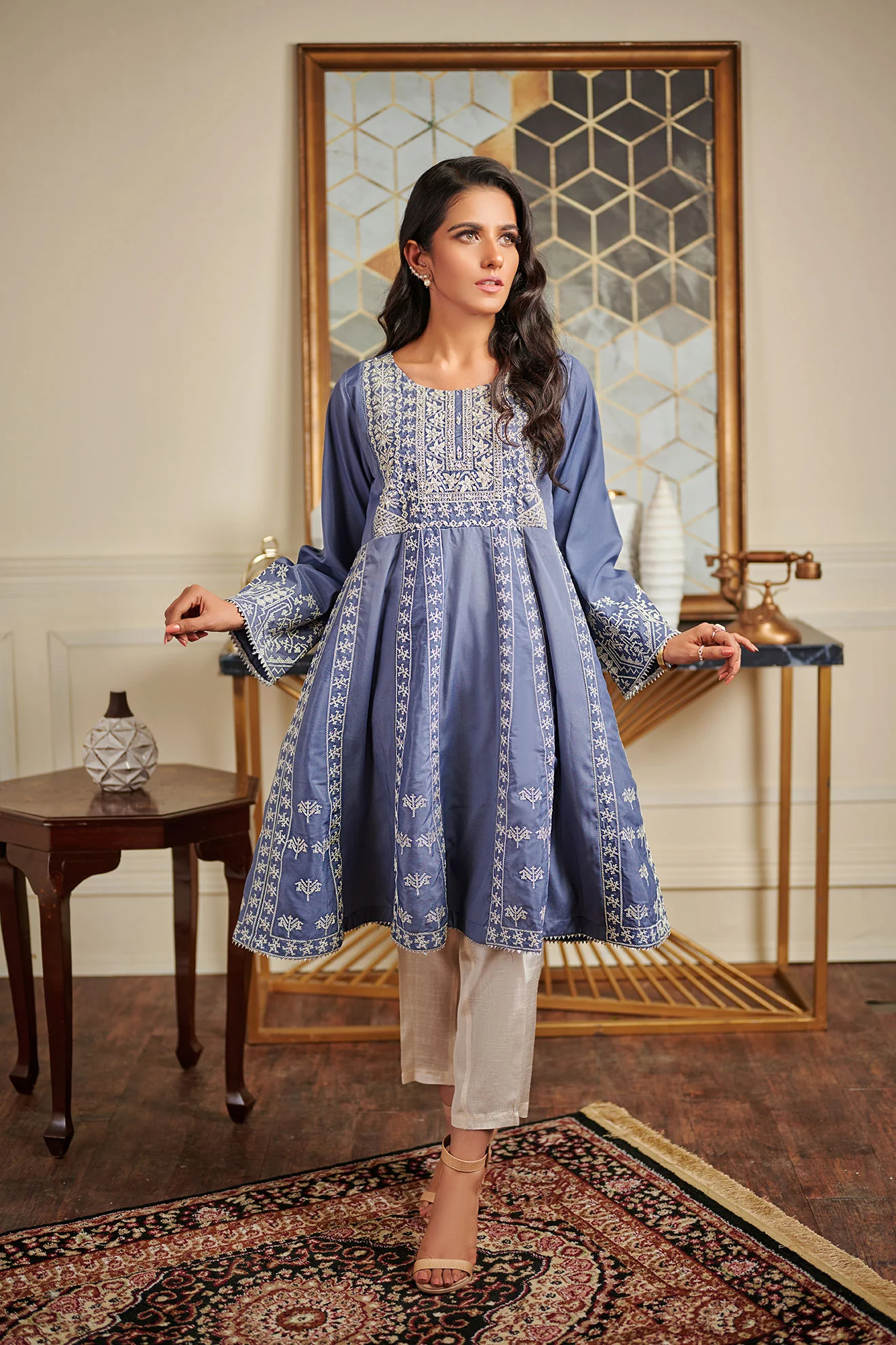 DA-1451 BLUE EMBROIDERED KURTA