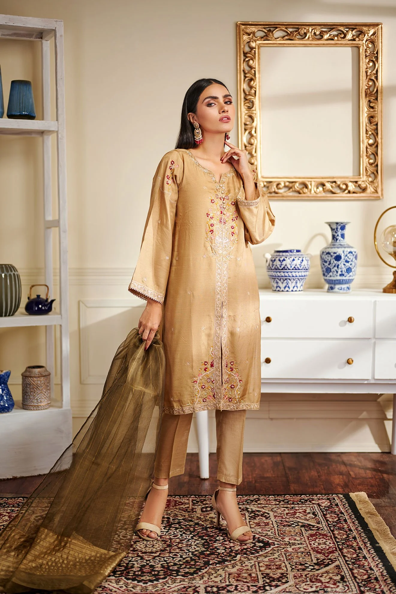 DA-1461 Beige EMBROIDERED KURTA WITH DUPATTA - Image 3