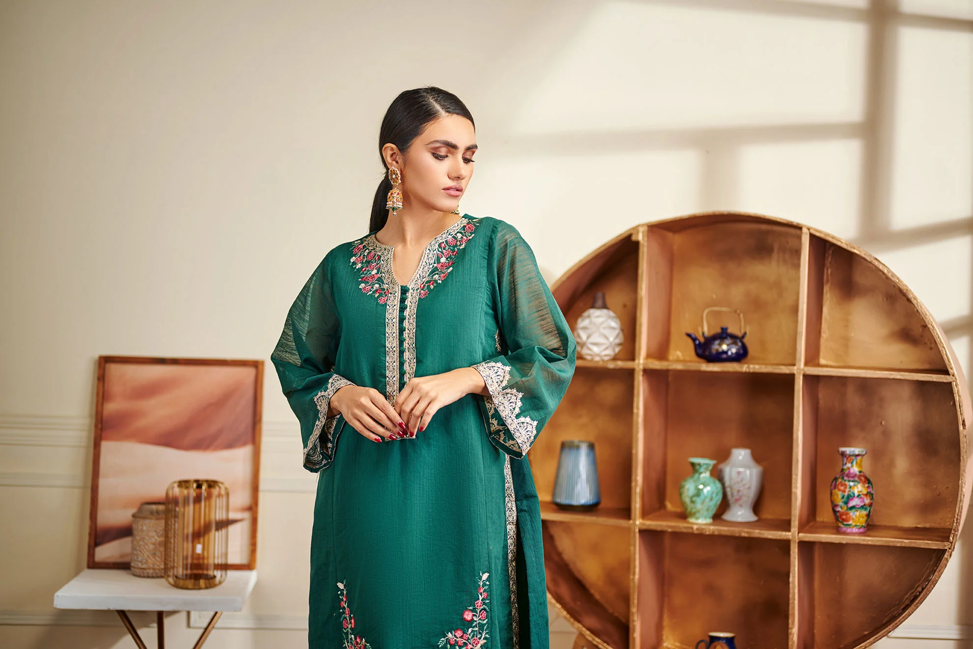 DA-1462 GREEN EMBROIDERED KURTA - Image 4