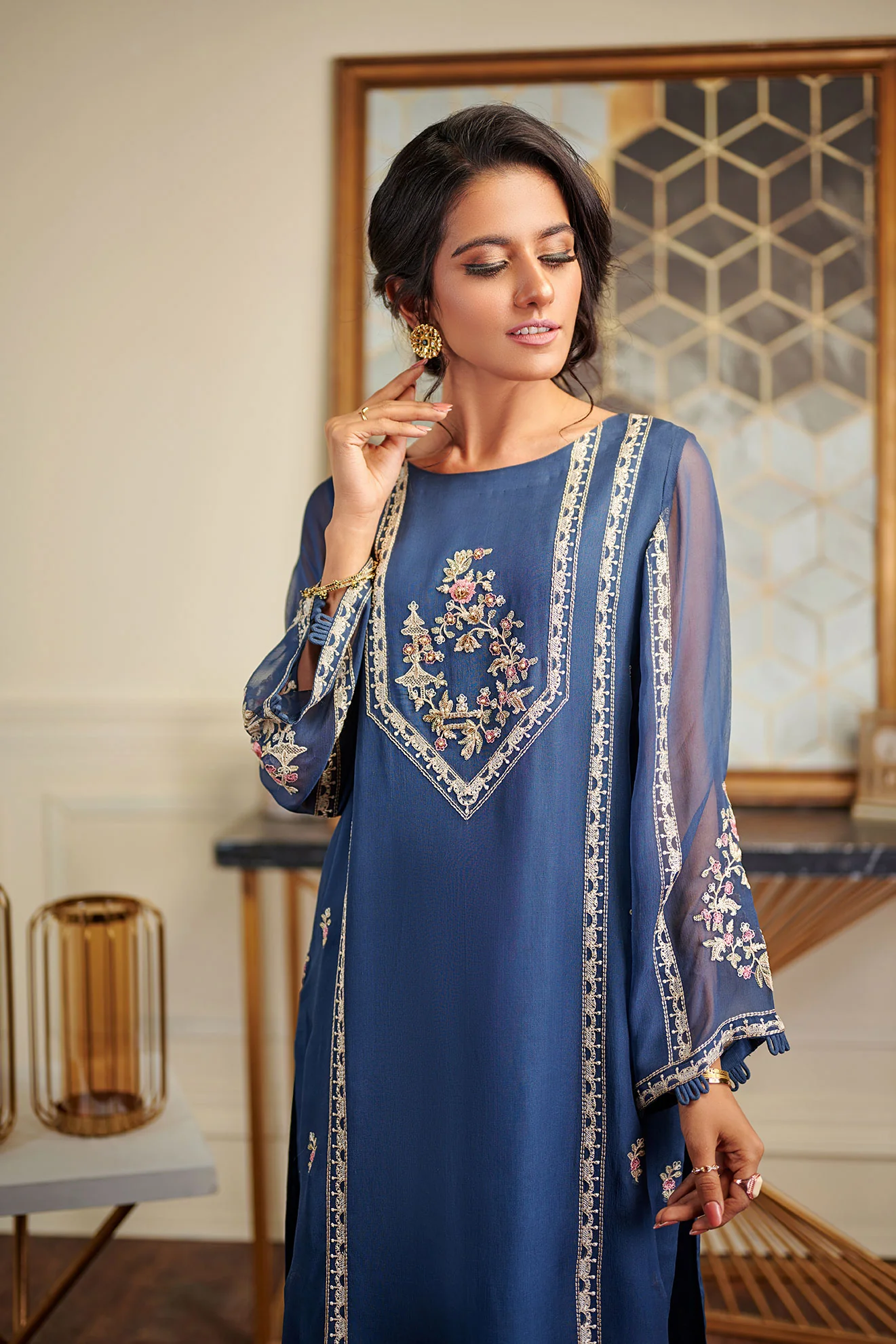 DA-1475 BLUE EMBROIDERED KURTA - Image 2