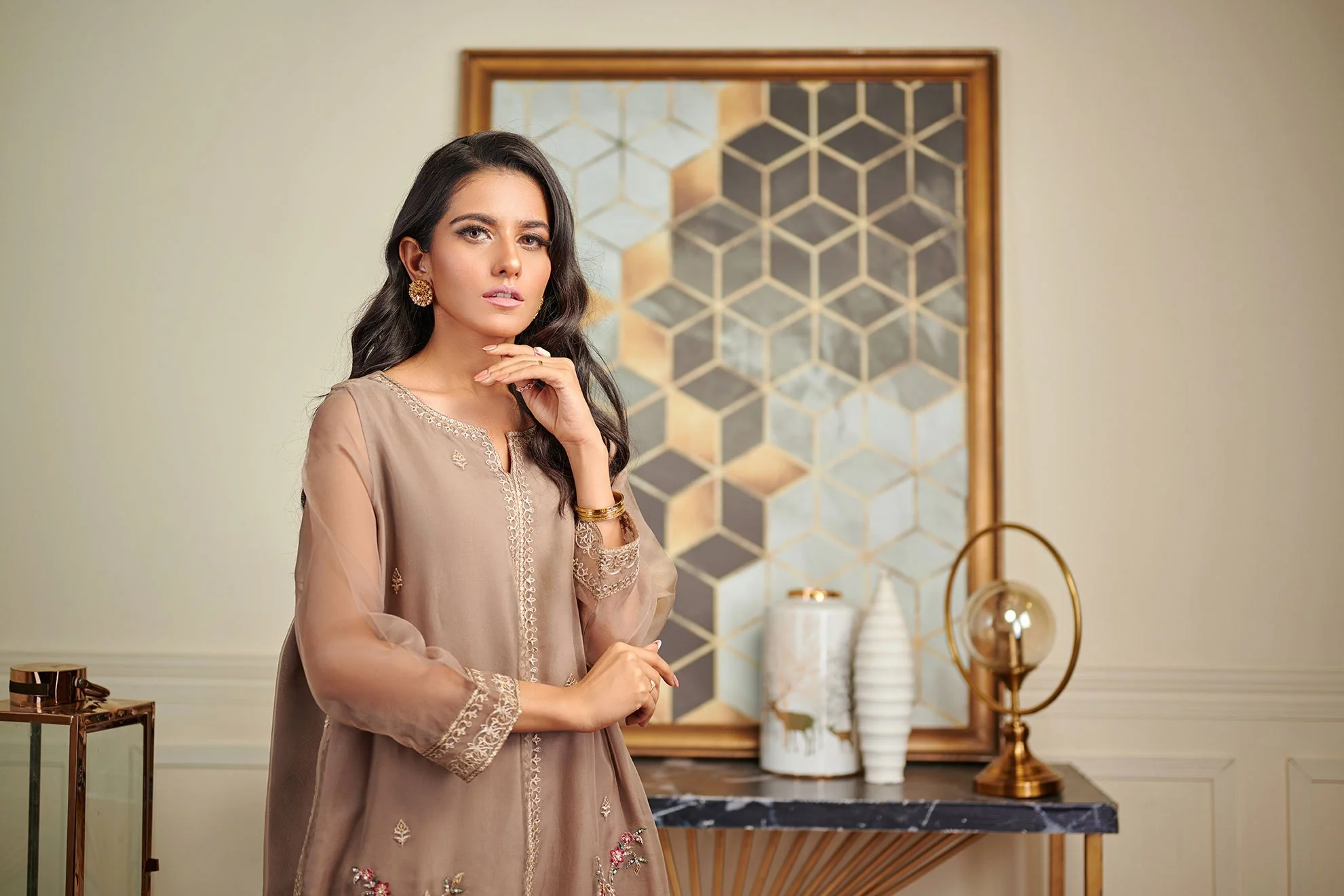 DA-1485 Brown EMBROIDERED KURTA - Image 4