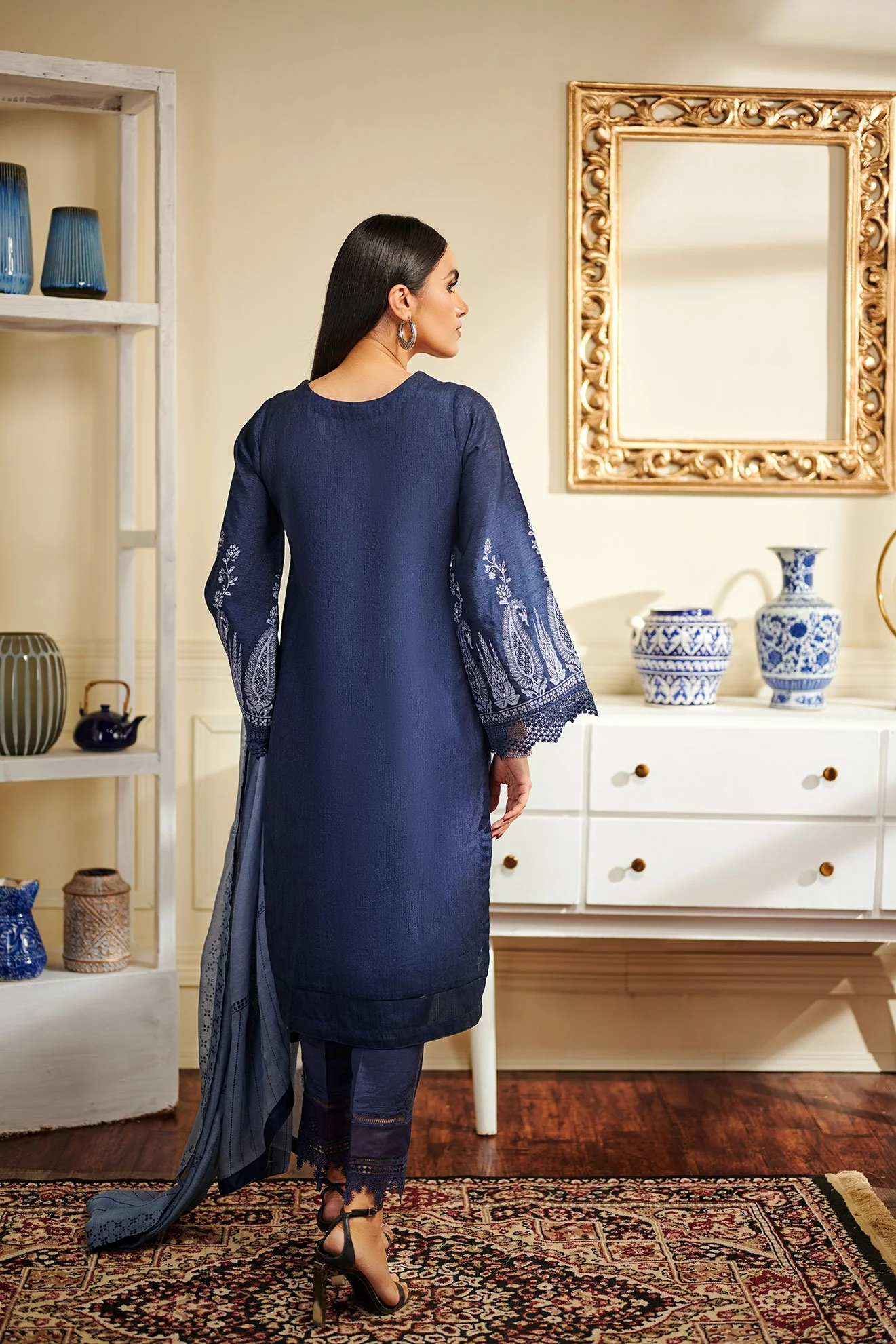 DA-1504 Blue EMBROIDERED KURTA WITH DUPATTA - Image 3