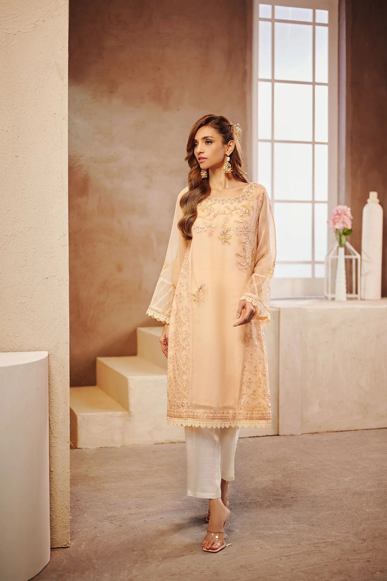DA-1566 PEACH EMBROIDERED KURTA - Image 3