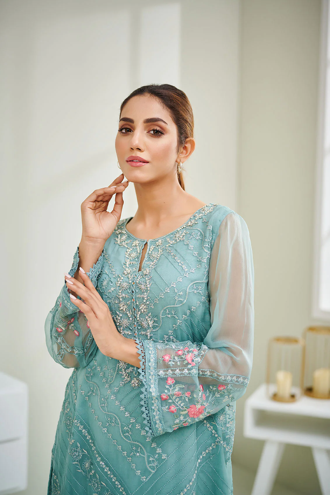 DA-1591 SKY BLUE EMBROIDERED KURTA - Image 3