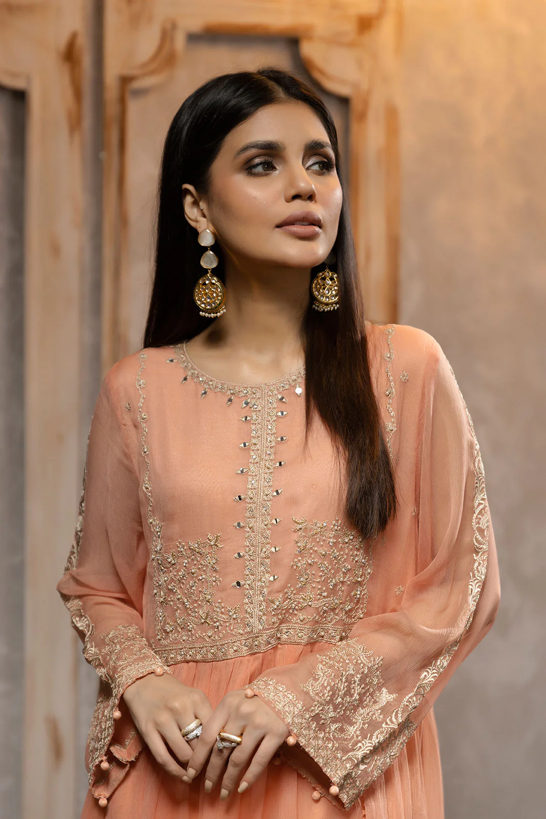 DA-1714 PEACH EMBROIDERED KURTA - Image 3