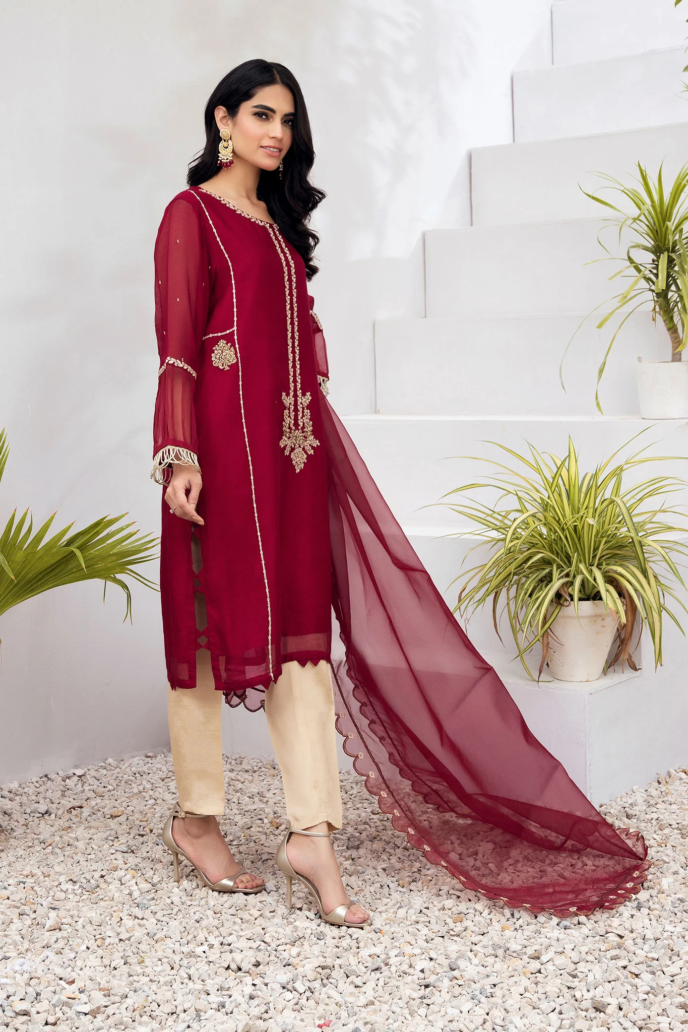 DA-2005 MAROON EMBROIDERED KURTA WITH DUPATTA - Image 2