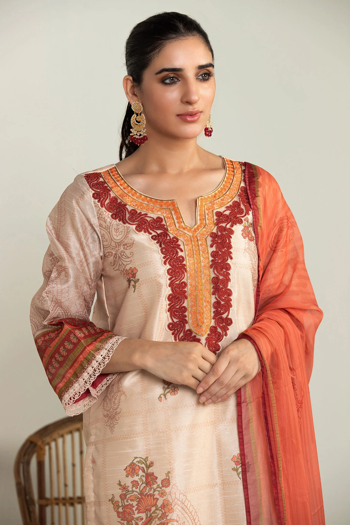 DA-2008 BEIGE EMBROIDERED KURTA WITH DUPATTA - Image 2