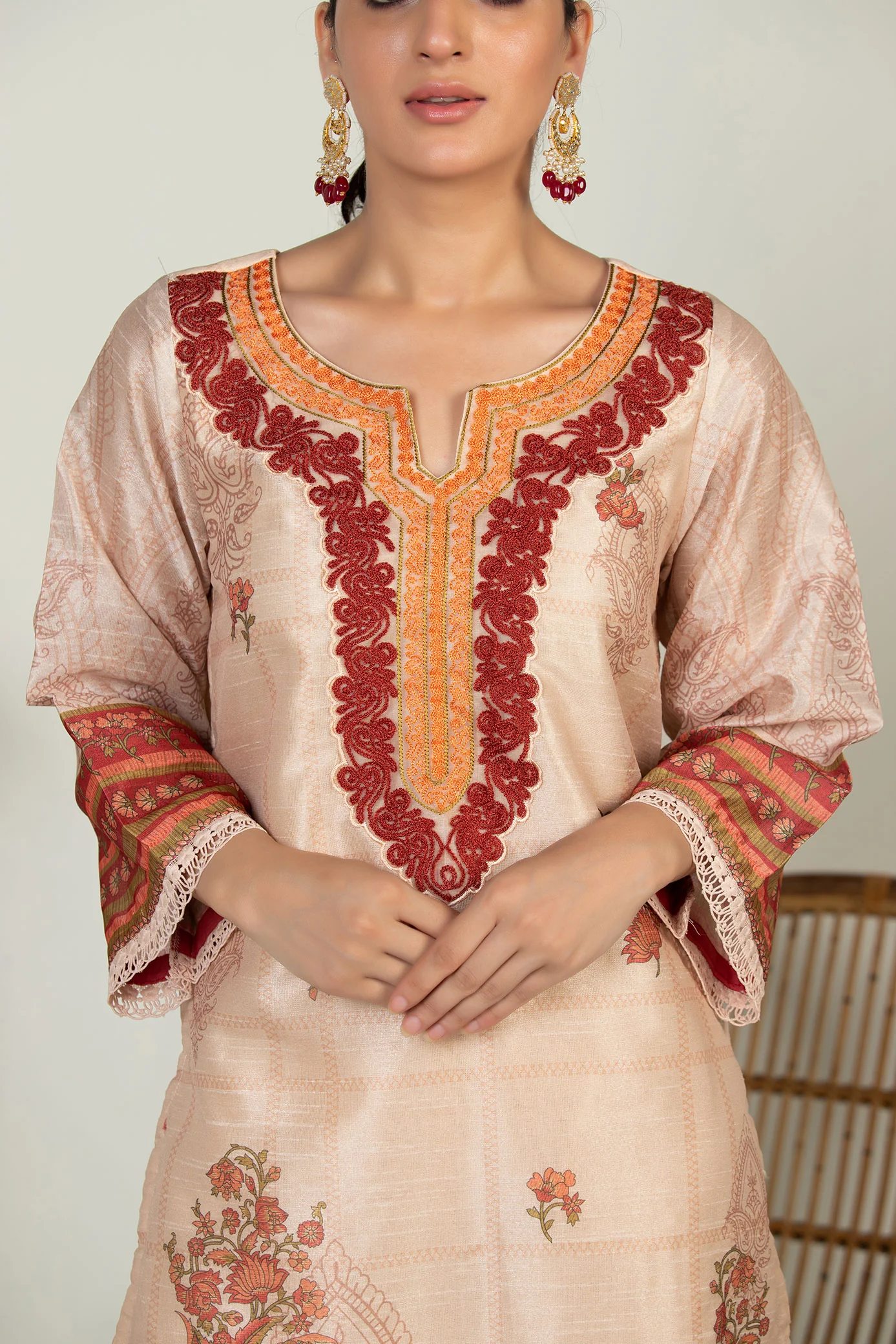 DA-2008 BEIGE EMBROIDERED KURTA WITH DUPATTA - Image 3