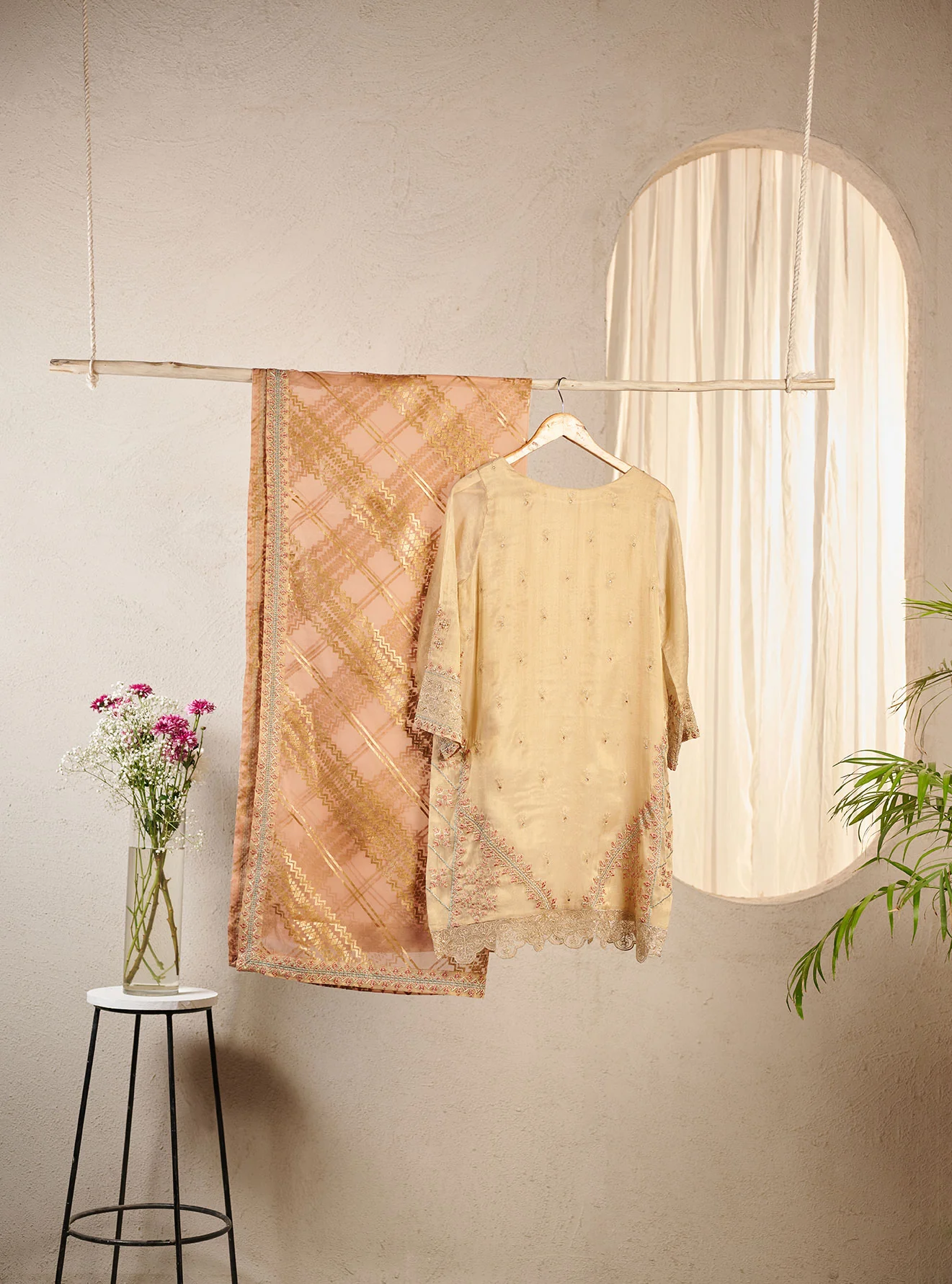 DA-2022 BEIGE EMBROIDERED KURTA WITH DUPATTA - Image 4