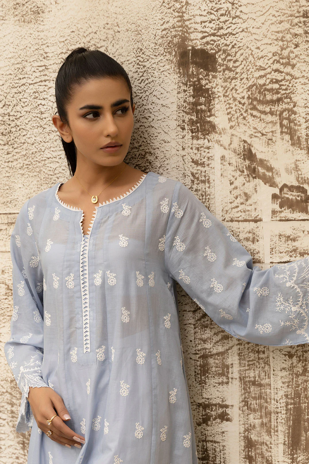DC-0468 SKY BLUE DYED EMBROIDERED KURTA - Image 3