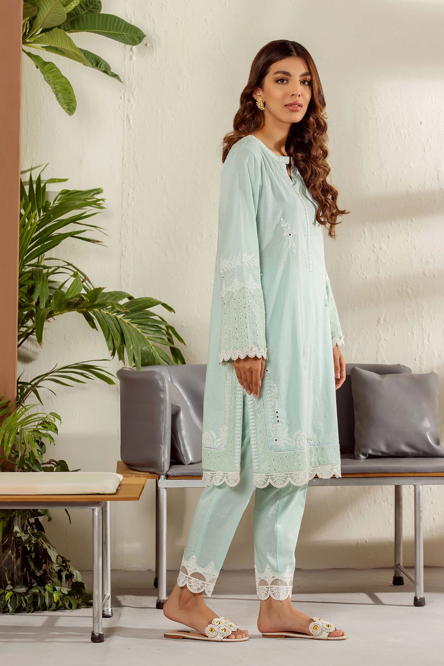 DC-2016 L-GREEN 2PCS EMBROIDERED KURTA WITH TROUSER - Image 4