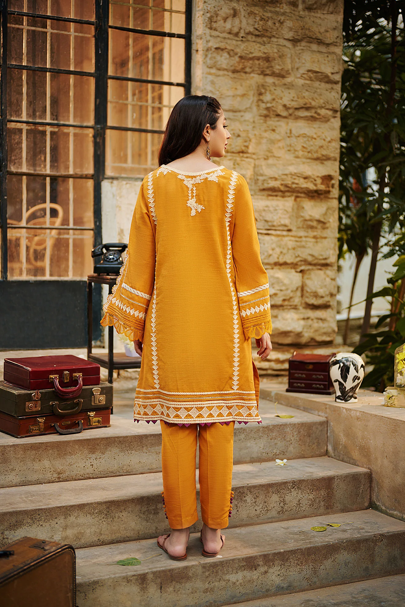 DC-2020 ACRYLIC ORANGE 2PCS EMBROIDERED KURTA WITH TROUSER - Image 3