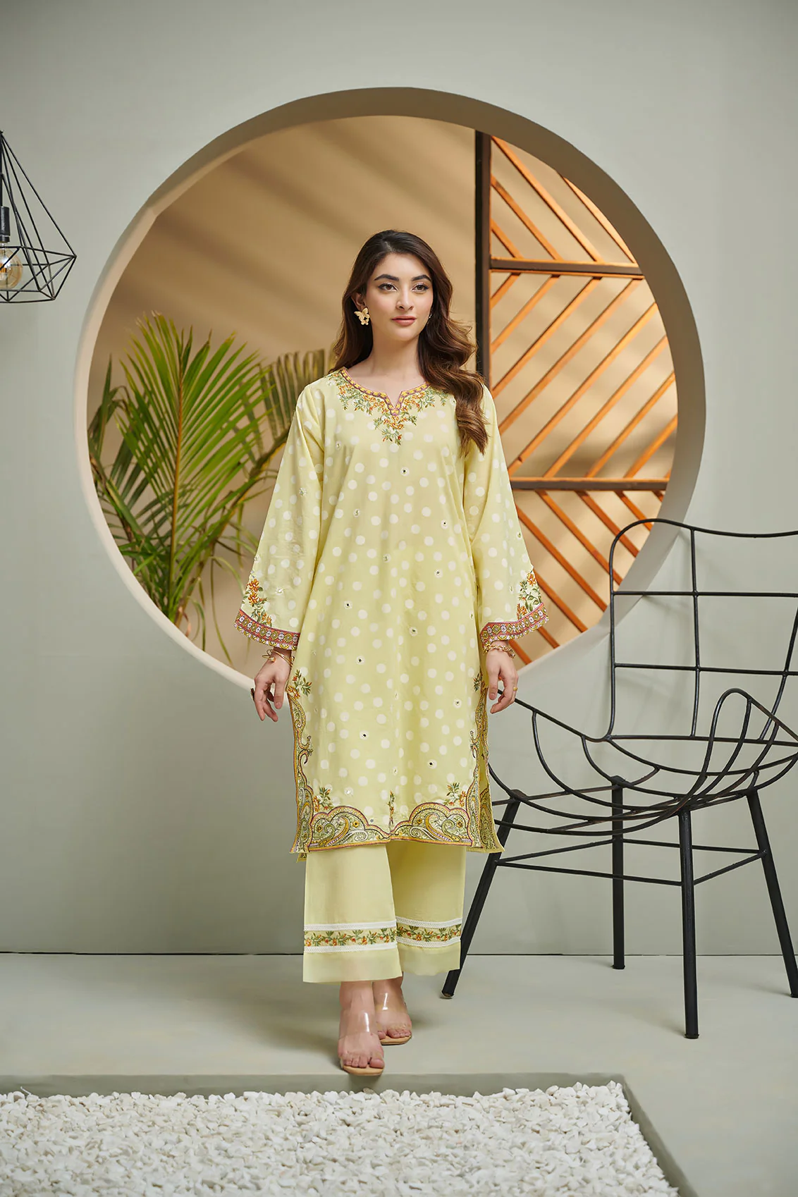 DC-2036 YELLOW 2PCS EMBROIDERED KURTA WITH TROUSER