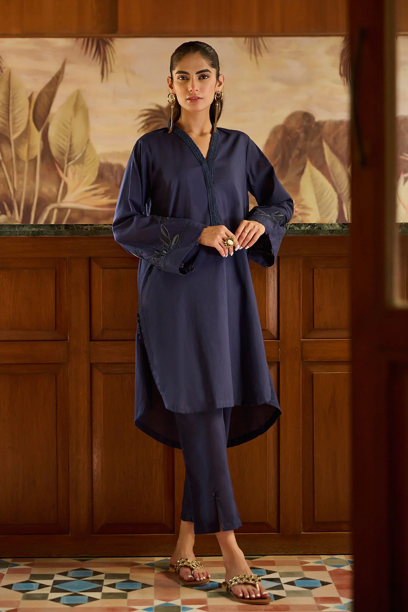 DC-2172 NAVY BLUE 2PCS EMBROIDERED KURTA WITH TROUSER