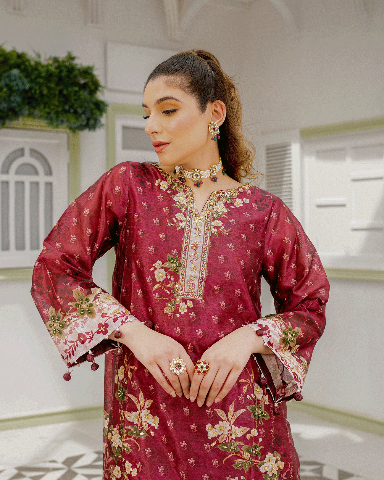 DC-2241 MAROON 2PCS HAND EMBELLISHED  SHIRT WITH TROUSER - Image 3