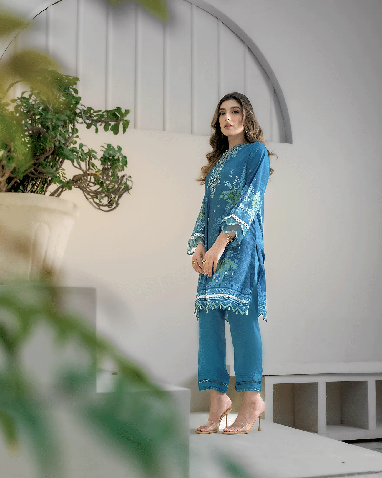 DC-2273 TURQUOISE BLUE 2PCS HAND EMBELLISHED SHIRT WITH TROUSER - Image 5