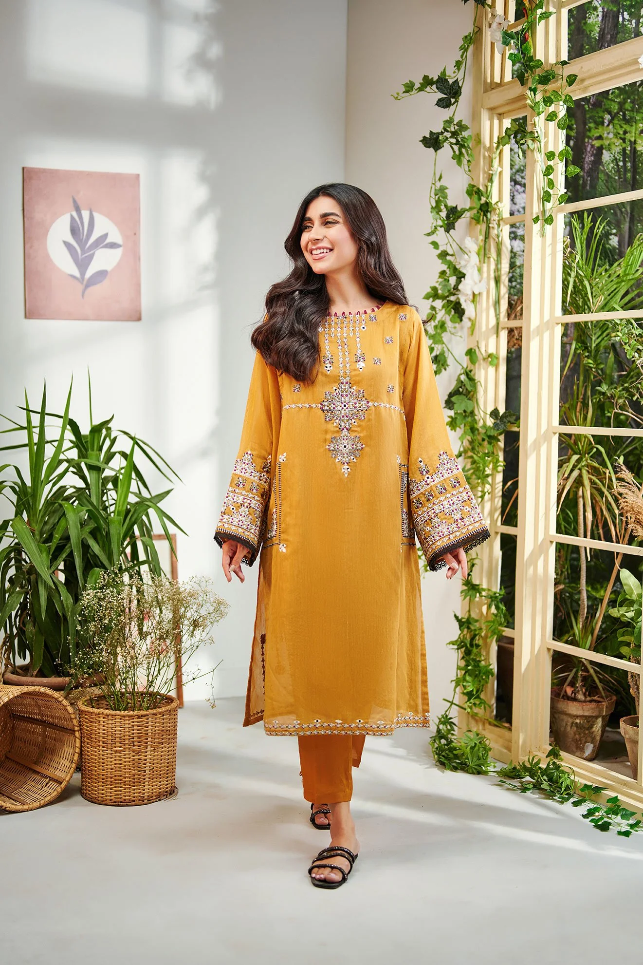 DC-2008 YELLOW 2PCS EMBROIDERED KURTA WITH TROUSER - Image 3