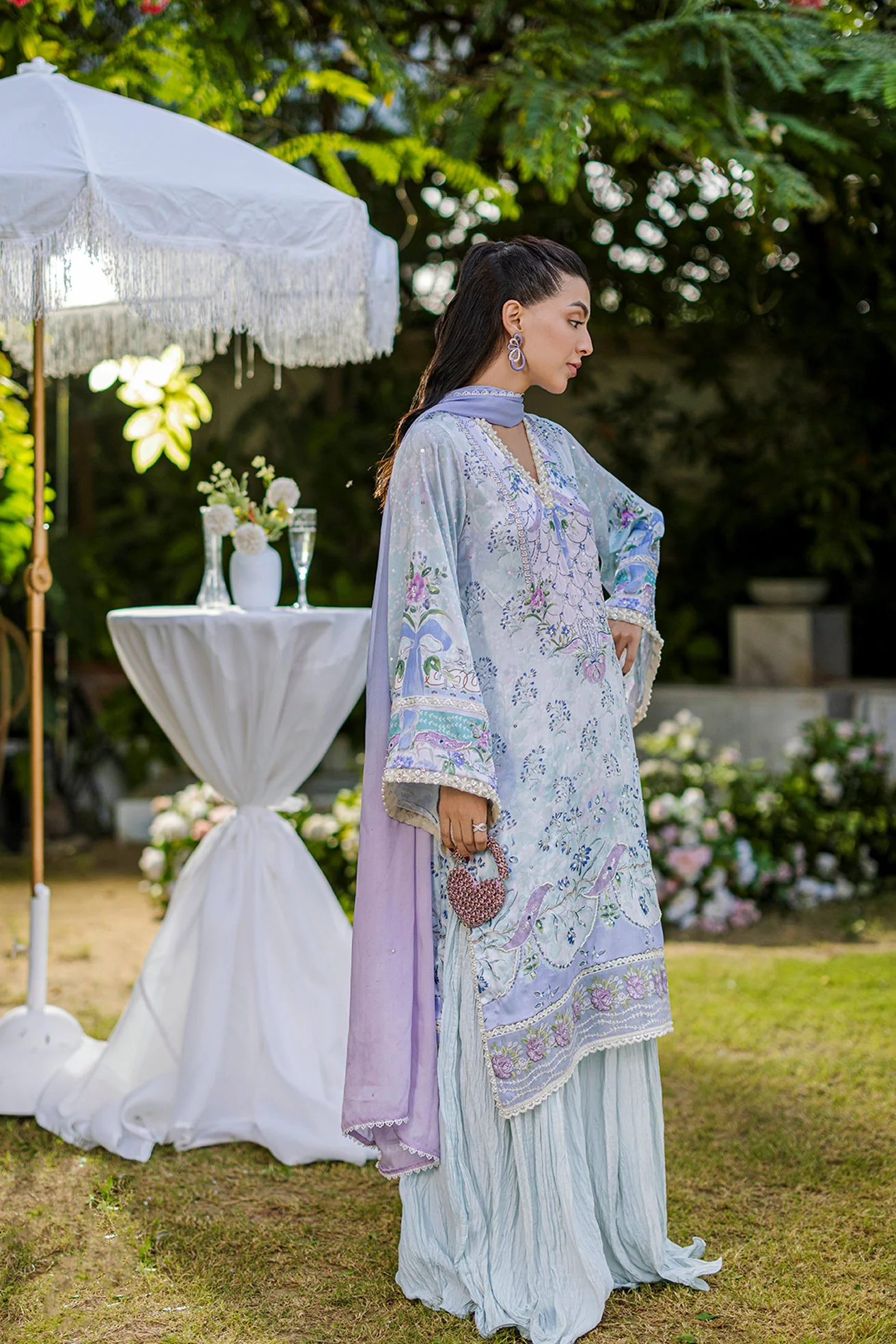 Silk Tunic - 2PCS HAND EMBELLISHED SHIRT WITH TROUSER-FW25DA-2866 SKY BLUE - Image 4