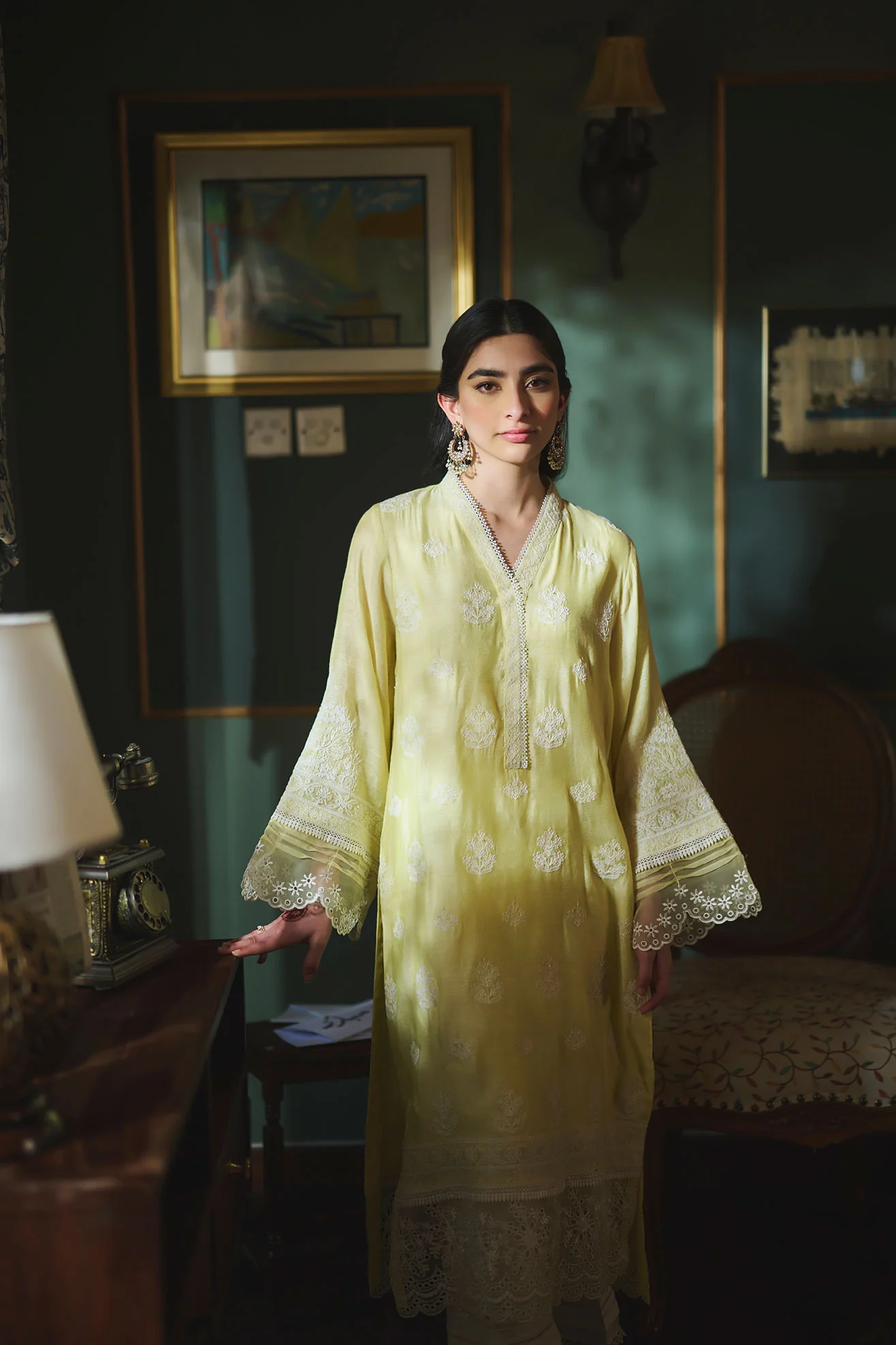 SS24DA-2389 LEMON YELLOW 2PCS EMBROIDERED KURTA WITH TROUSER - Image 3