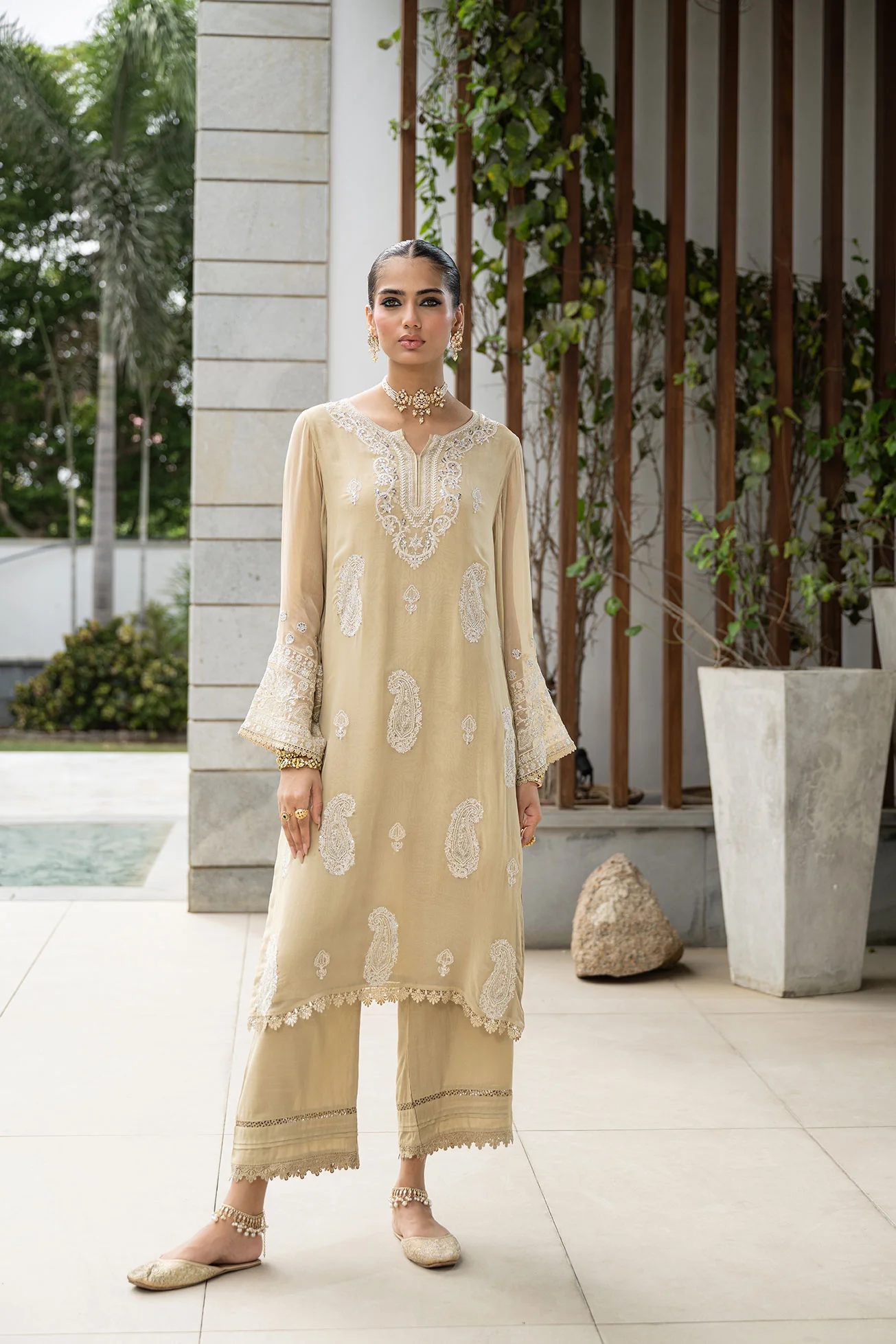 SS24DA-2412 BEIGE 2PCS EMBROIDERED KURTA WITH TROUSER - Image 5