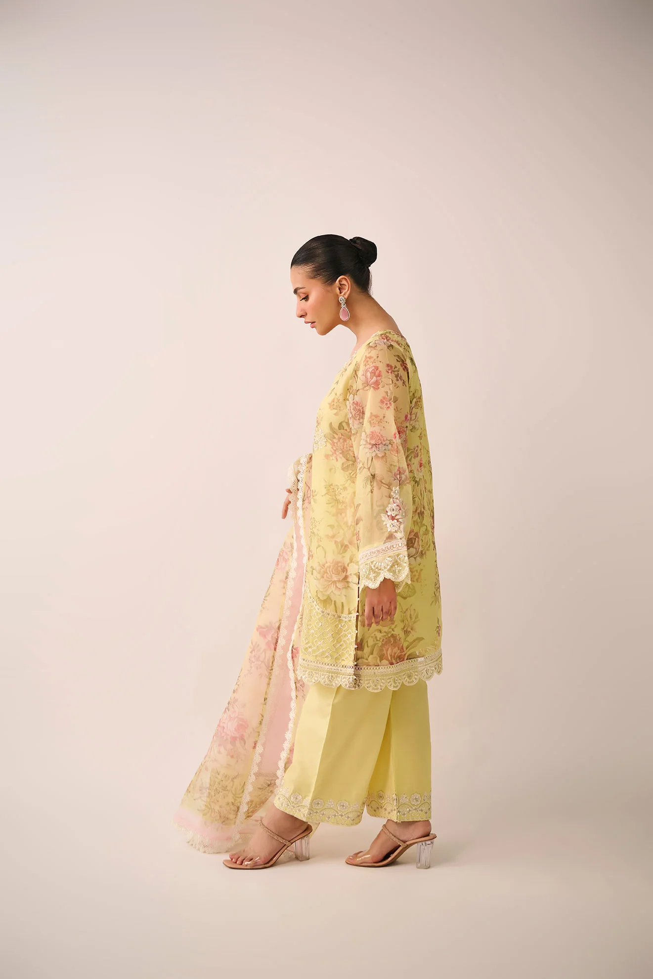SS24DA-2466   LEMON YELLOW  2PCS  EMBROIDERED KURTA WITH TROUSER - Image 3