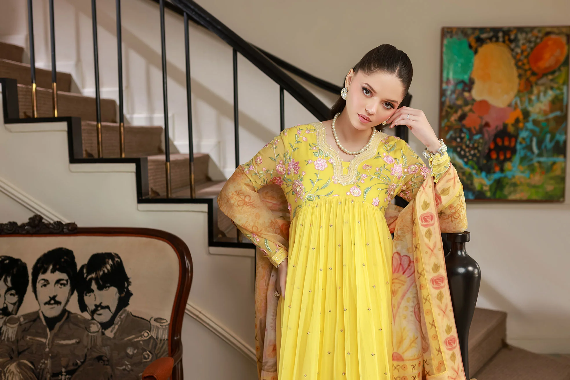 SS25DA-2713 YELLOW 2PCS EMBROIDERED KURTA WITH TROUSER - Image 4