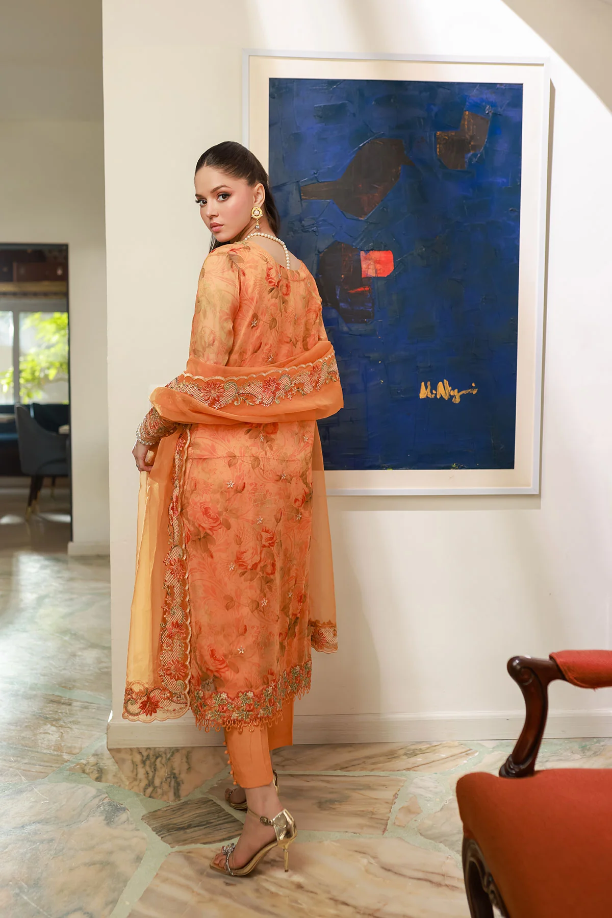SS25DA-2716 ORANGE 2PCS EMBROIDERED KURTA WITH TROUSER - Image 3