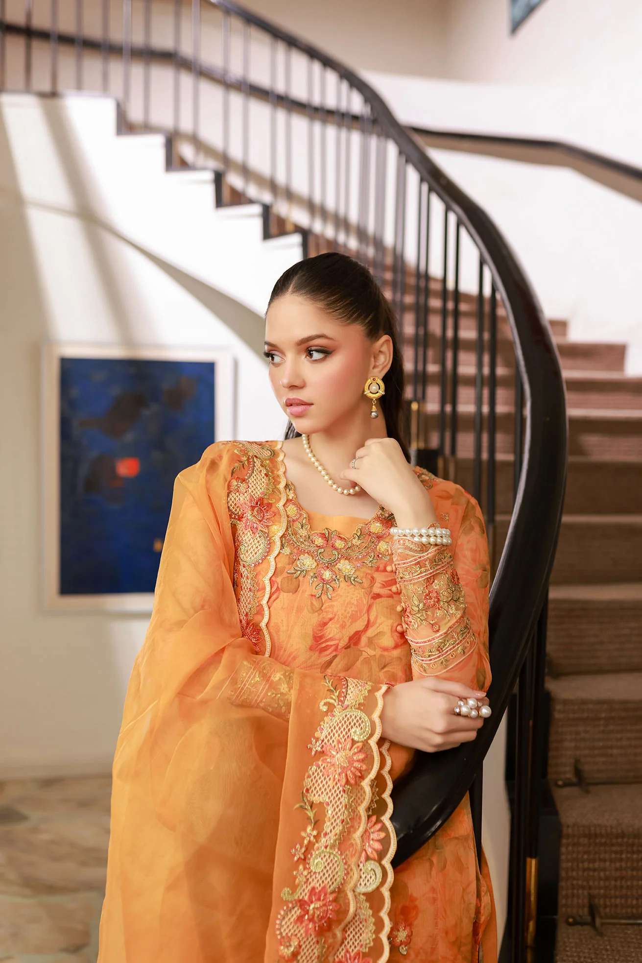 SS25DA-2716 ORANGE 2PCS EMBROIDERED KURTA WITH TROUSER - Image 4