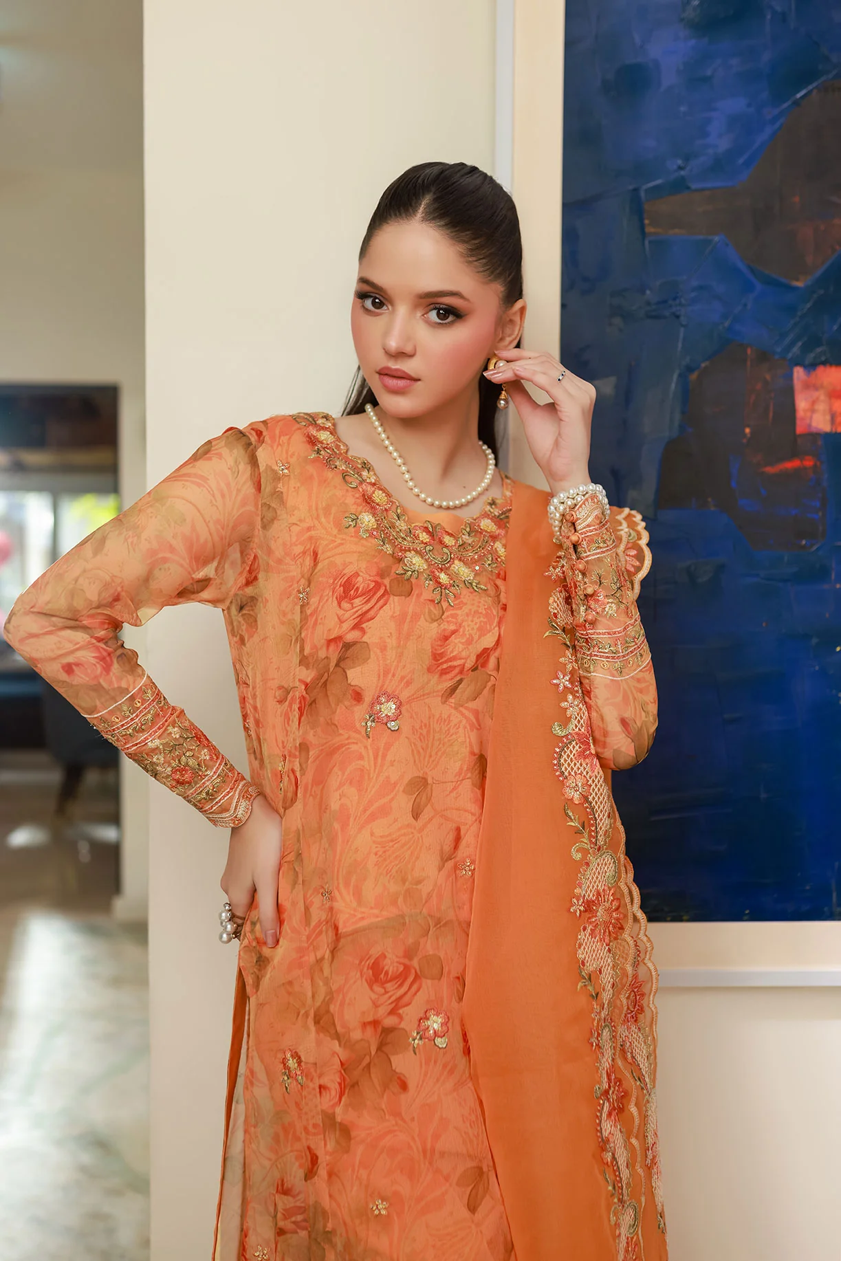 SS25DA-2716 ORANGE 2PCS EMBROIDERED KURTA WITH TROUSER - Image 5