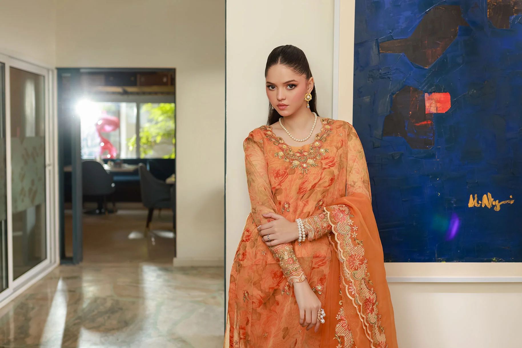 SS25DA-2716 ORANGE 2PCS EMBROIDERED KURTA WITH TROUSER - Image 6