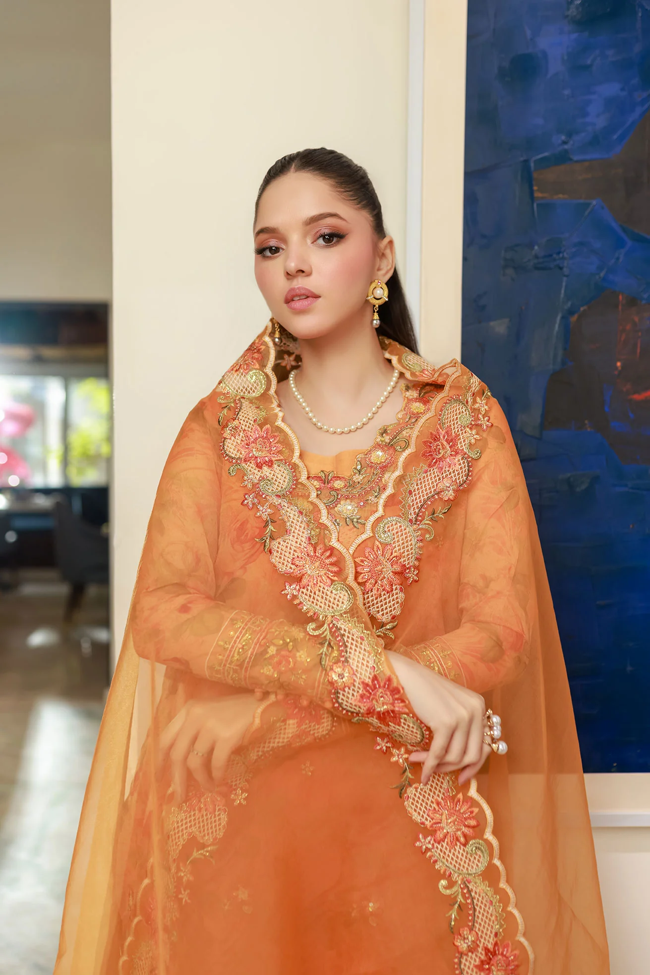 SS25DA-2716 ORANGE 2PCS EMBROIDERED KURTA WITH TROUSER - Image 7