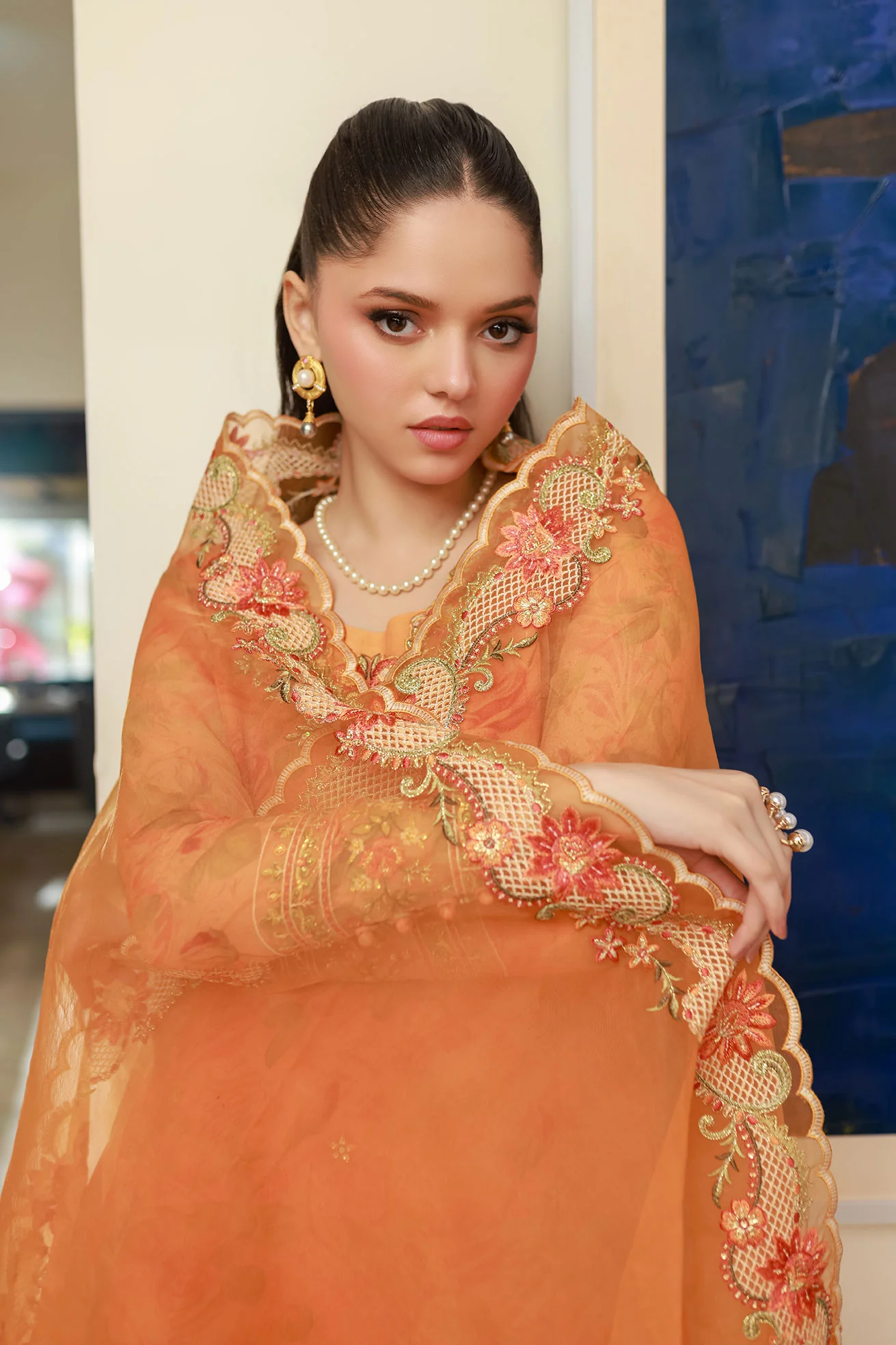 SS25DA-2716 ORANGE 2PCS EMBROIDERED KURTA WITH TROUSER - Image 8