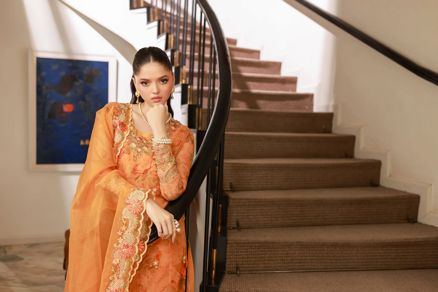 SS25DA-2716 ORANGE 2PCS EMBROIDERED KURTA WITH TROUSER - Image 9