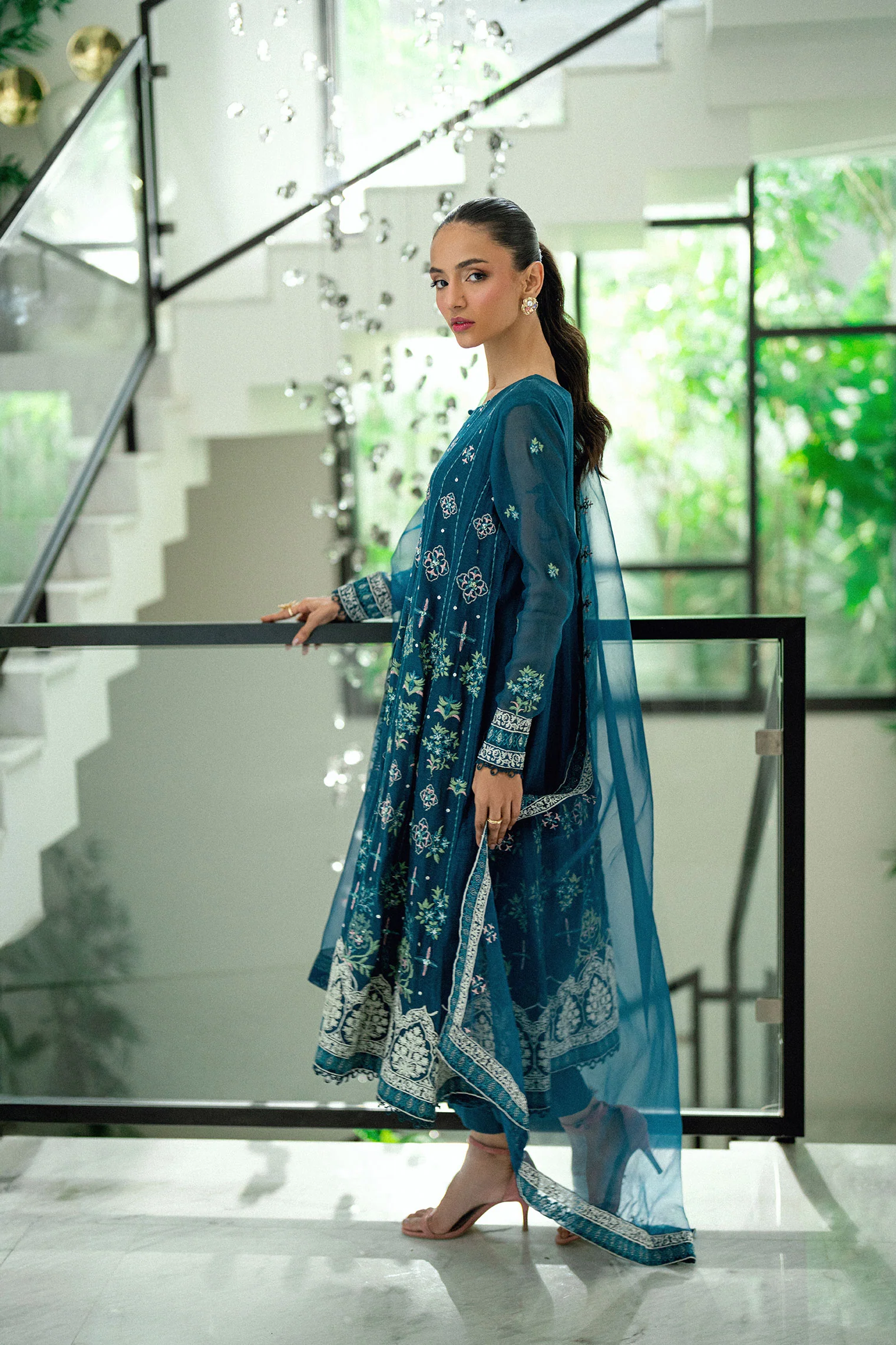 SS25DA-2742 TURQUOISE BLUE  2PCS EMBROIDERED PISHWAS WITH TROUSER - Image 3
