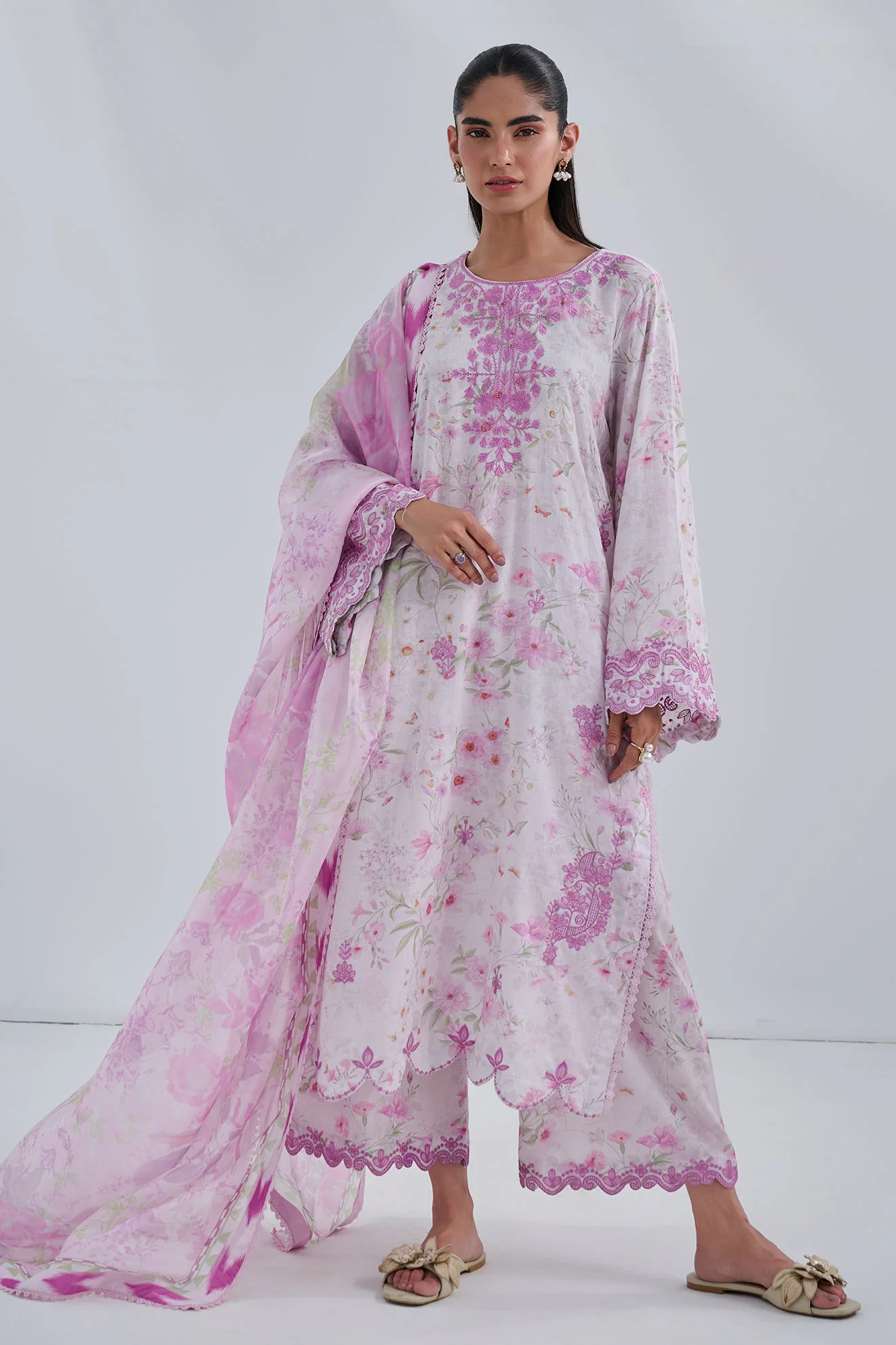 SS25DC-2557 PINK COTTON JACQUARD 2PCS EMBROIDERED KURTA WITH TROUSER - Image 5