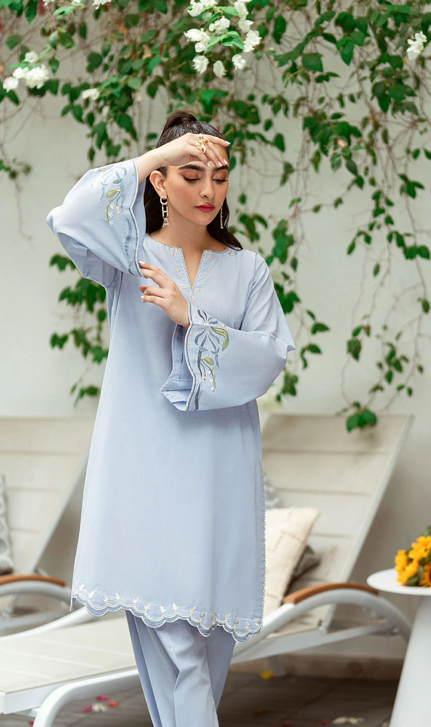 SS25DC-2567 SKY BLUE 2PCS  EMBROIDERED KURTA WITH TROUSER - Image 4