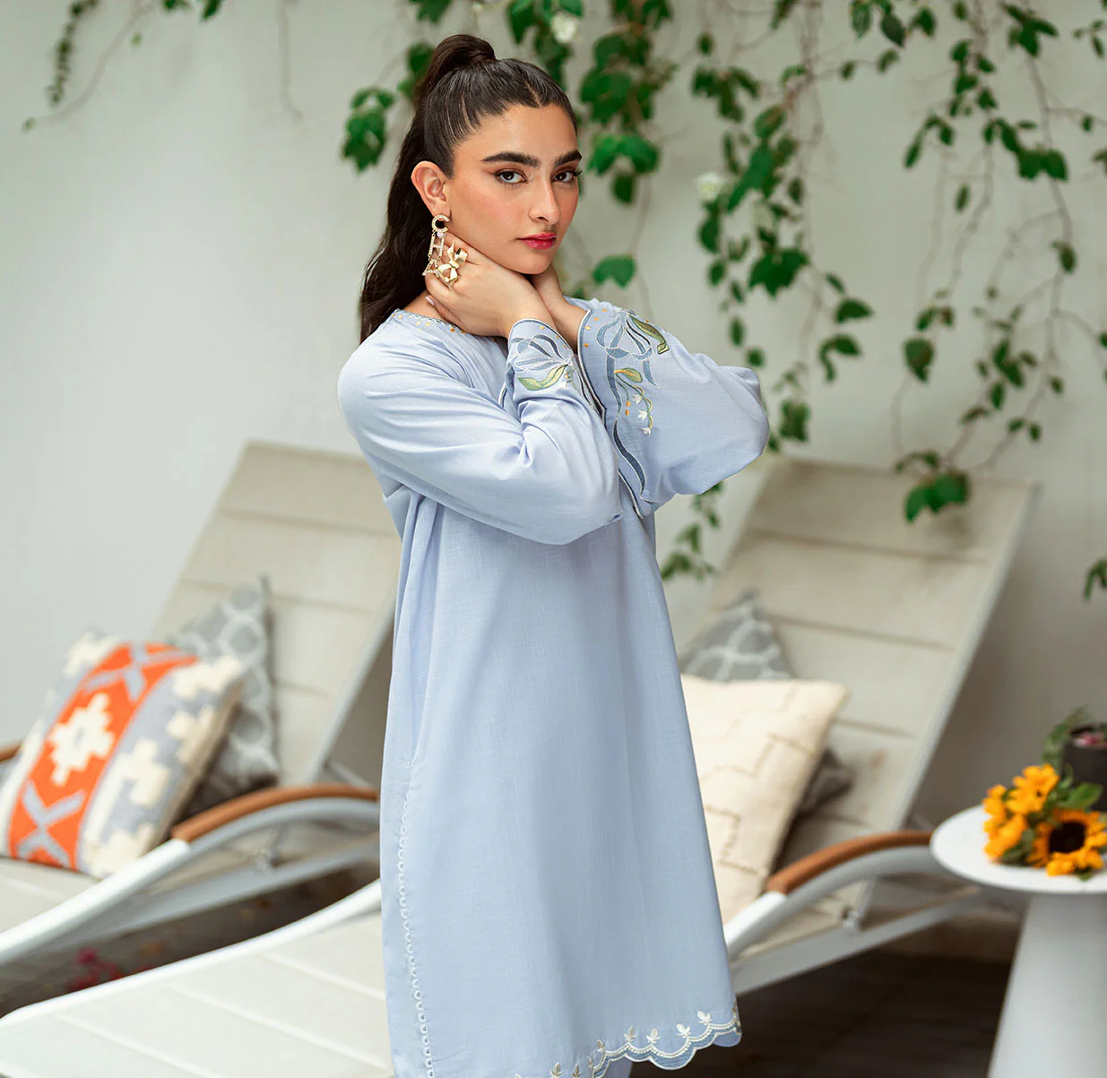 SS25DC-2567 SKY BLUE 2PCS  EMBROIDERED KURTA WITH TROUSER - Image 7