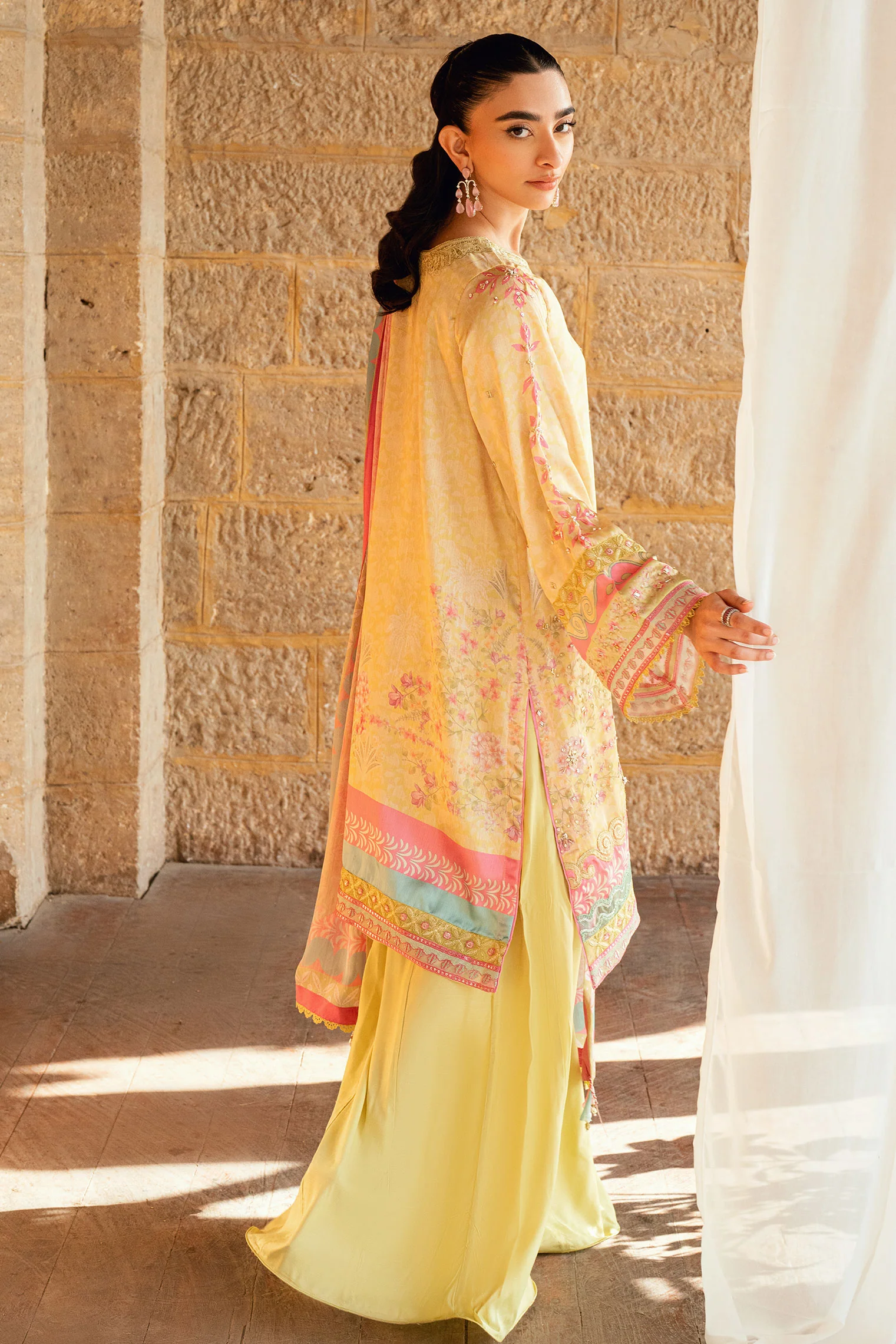 SS26DA-2892 YELLOW 2PCS HAND EMBELLISHED KURTA WITH TROUSER - Image 3