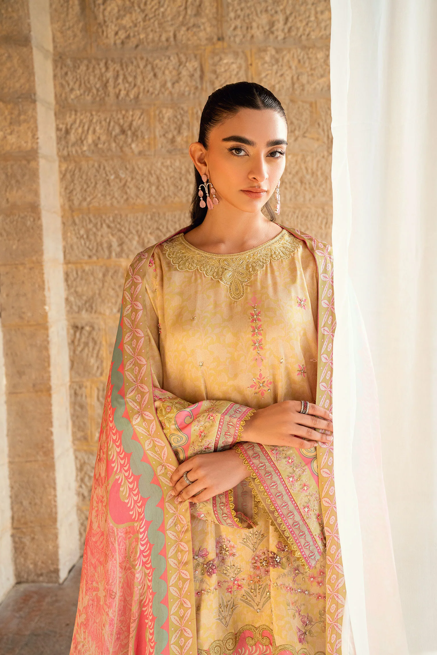 SS26DA-2892 YELLOW 2PCS HAND EMBELLISHED KURTA WITH TROUSER - Image 5